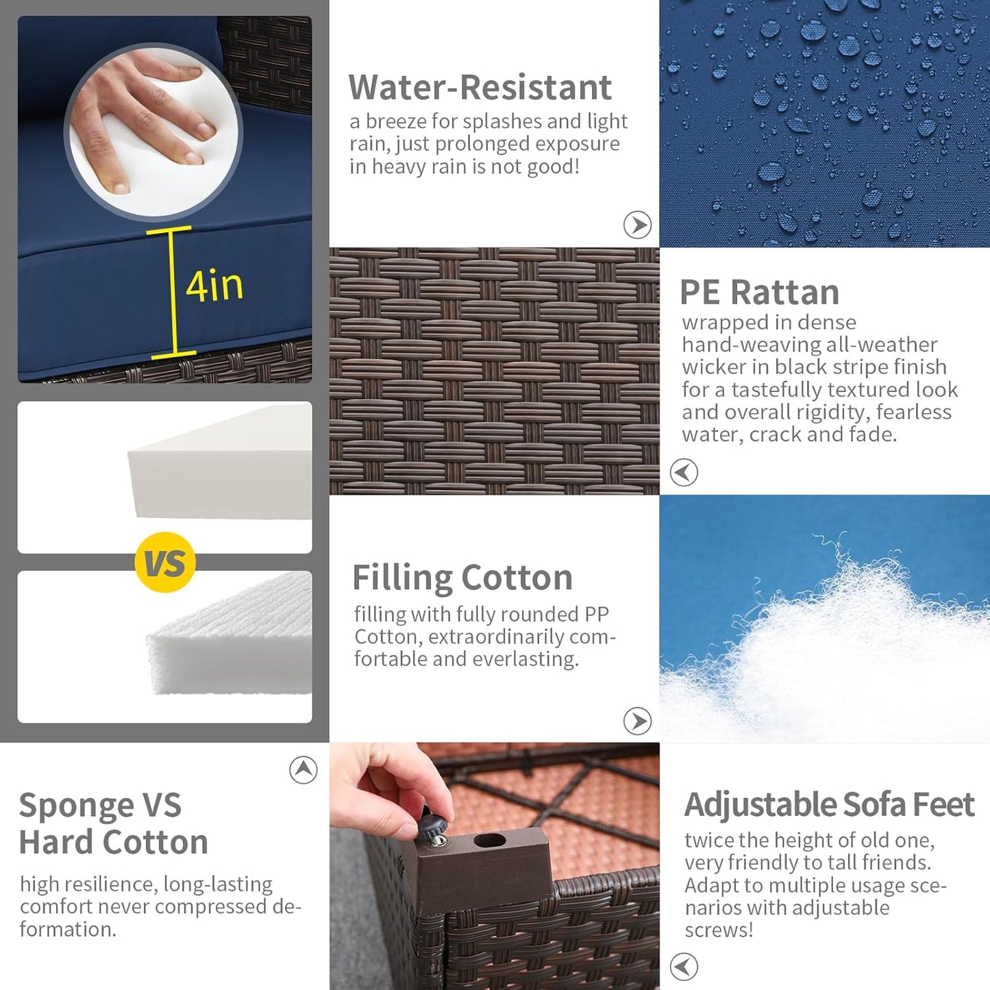 Rattaner Outdoor Couch Wicker Patio Furniture 3-seat Sofa Outdoor Furniture Deep Seat Hight Backrest with Waterproof Cover Anti-Slip Cushions, Navy Blue