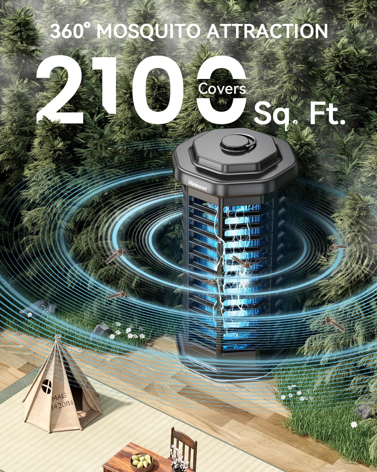 Minimoon Bug Zapper Outdoor 4000V Powerful Electric Mosquito Zapper, 15w Fly Trap Outdoor, IPX4, Corded Fly Zapper for Indoor, Yard, Backyard, Patio, Camping (Black with LED Lighting)