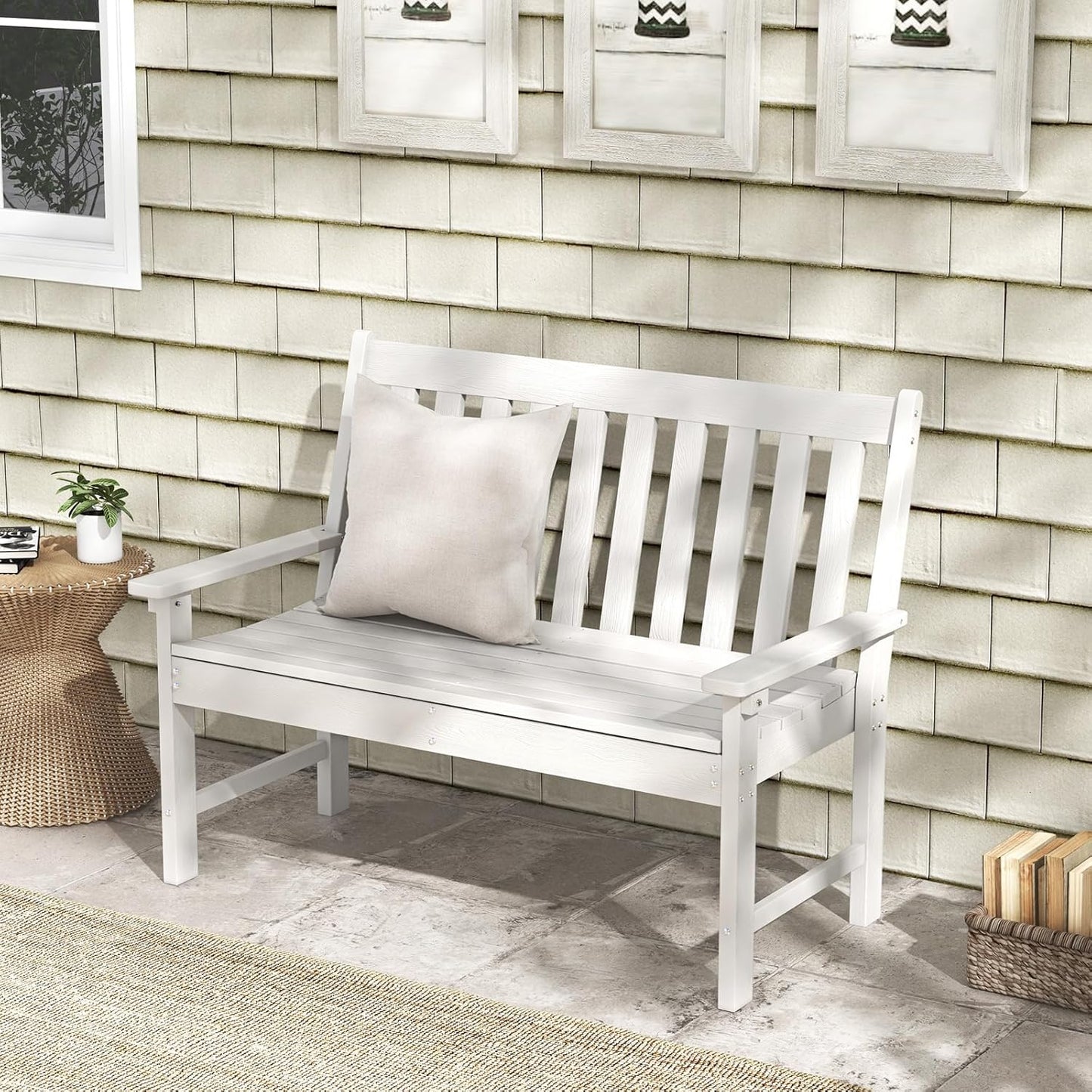 Giantex Outdoor Bench, 52-Inch Outside Bench All-Weather HDPE Park Bench with Backrest and Armrests, 705 lbs Weight Capacity, 2-Person Slatted Patio Bench for Porch, Yard, Lawn, Garden Bench (White)