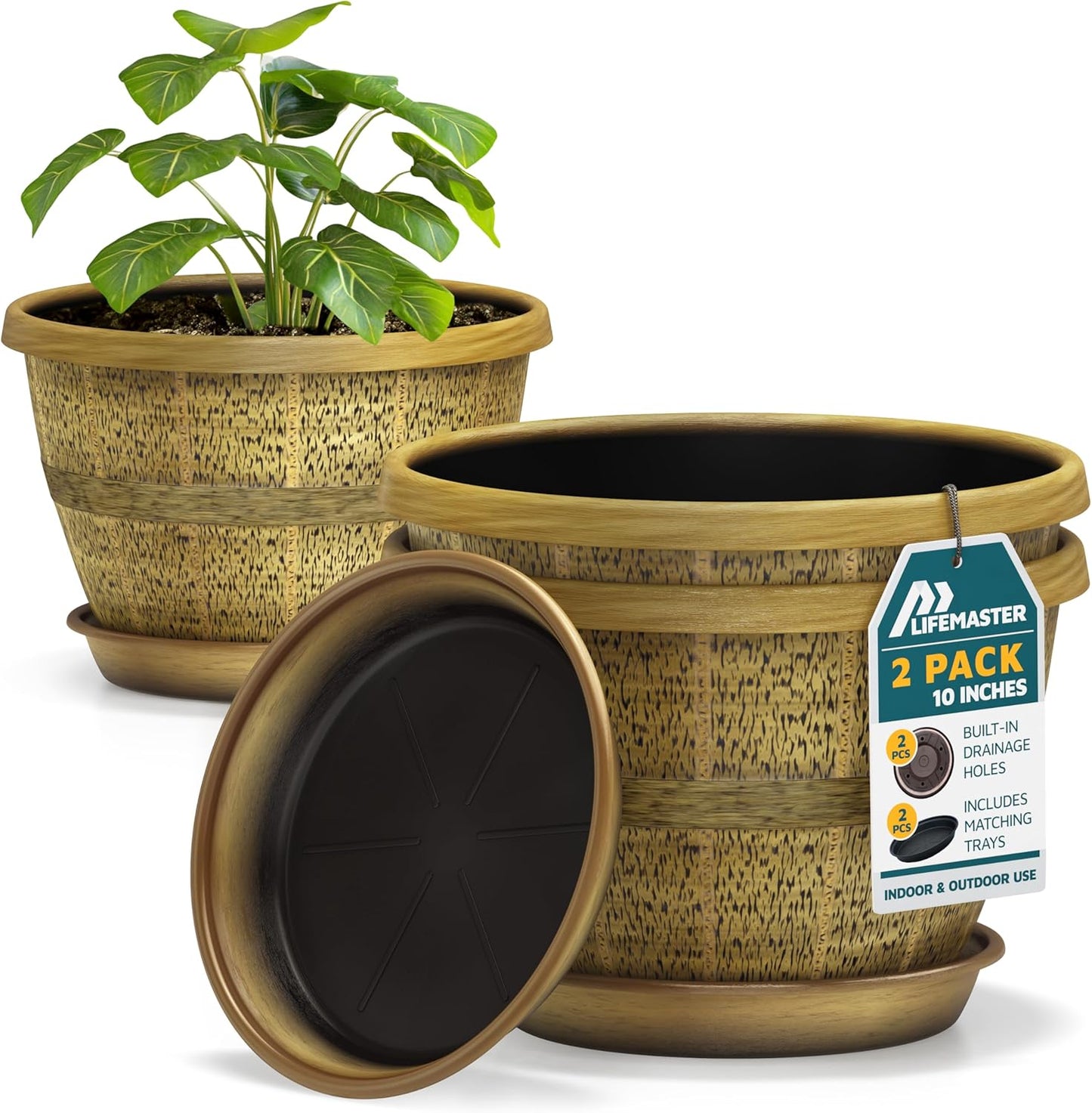 10-Inch Whiskey Barrel Planters Outdoor Pack of 2 - Durable Plastic Plant Pots for Indoor & Outdoor Use with Drainage & Saucer, Lightweight Rustic Barrel Planters for Flowers, Herbs & Small Plants