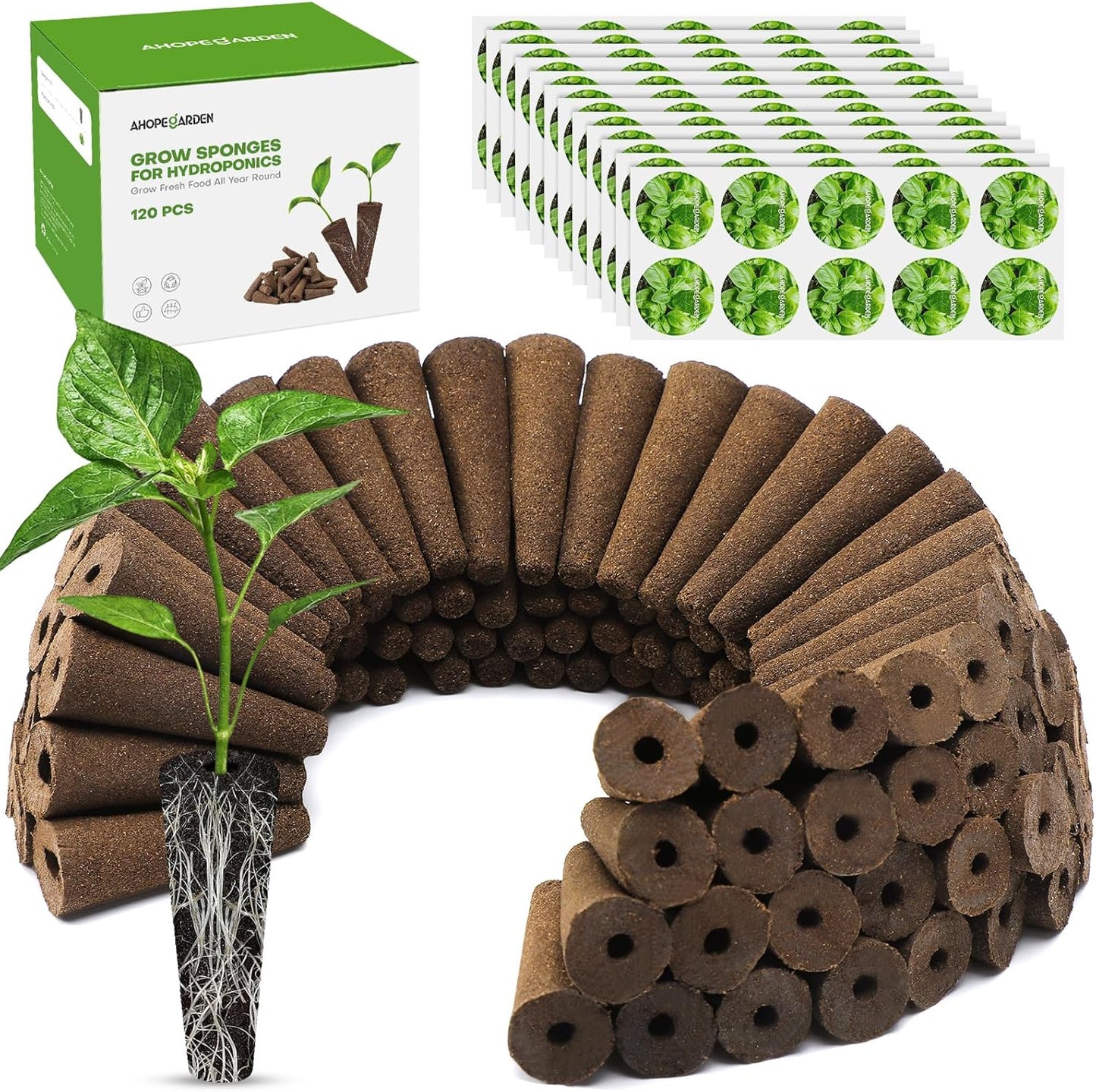 Ahopegarden 120pcs Hydroponic Pods Kit: Compatible with AeroGarden Herb Kits with 120 Grow Sponges; 120 Pods Lable, Highly Breathable - Indoor Garden Kit Supplies for Most Brands