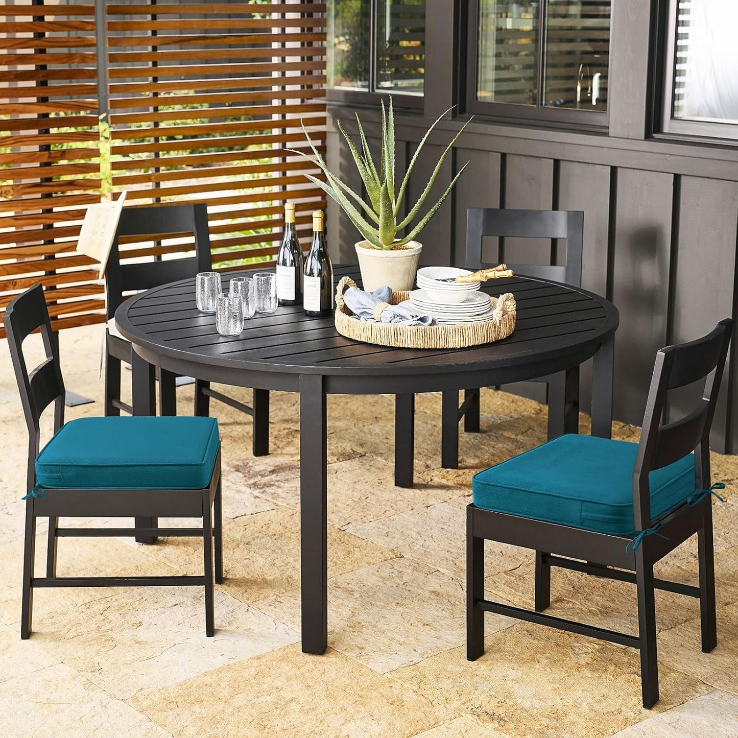 Outdoor Sunbrella Square Corner Seat Cushion, 19"x19"x3", Set of 4, Non Slip Seat Cushion Pads with Removable Cover for Patio Furniture, Garden Yard Lawn, Spectrum Peacock