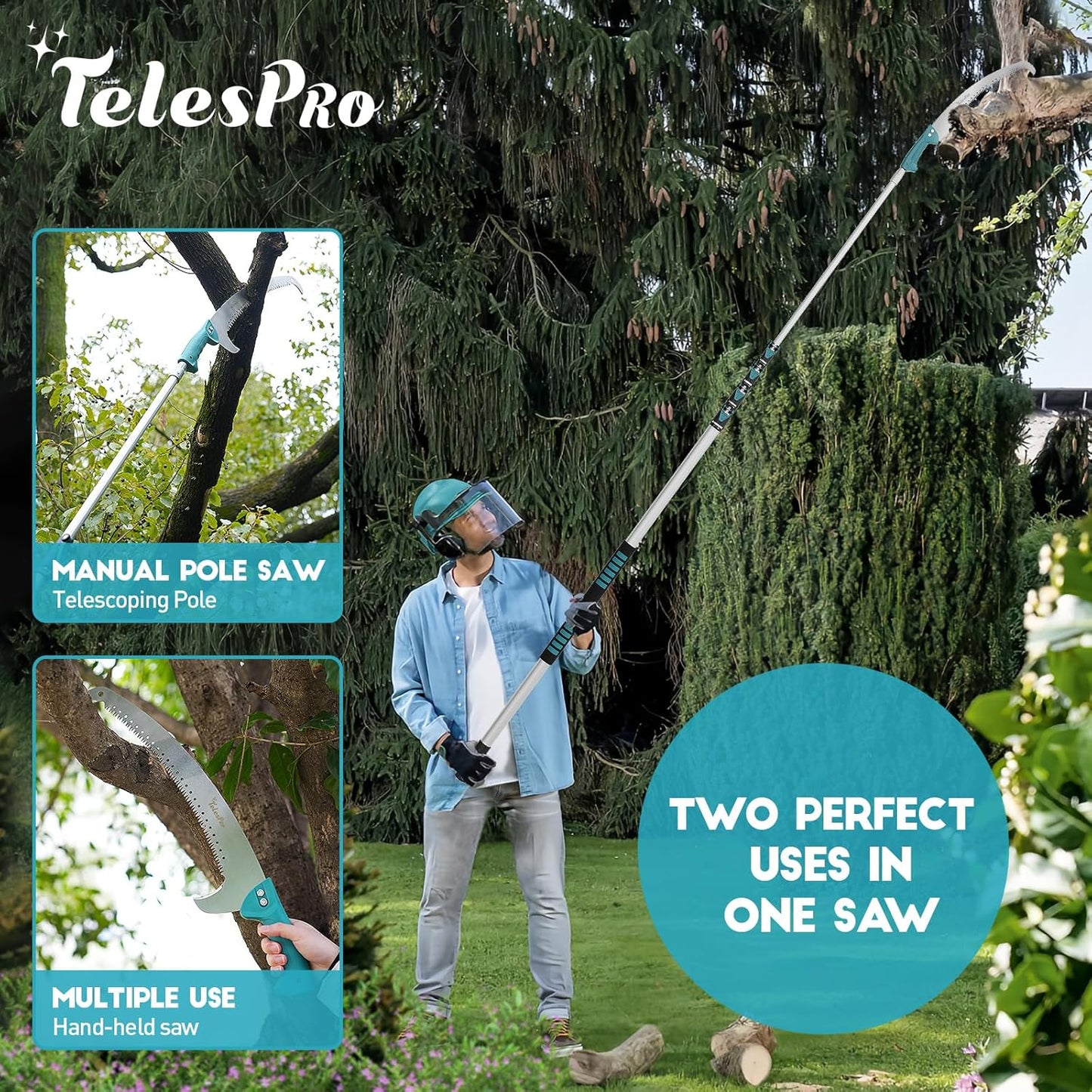 Extendable Tree Trimmer: Manual Pole Saw | 6-24ft Telescoping Pruning Pole for Tree Trimming | Saw Attachment, Safety Goggles, and Gloves Included | Trim Branches up to 2" Diameter