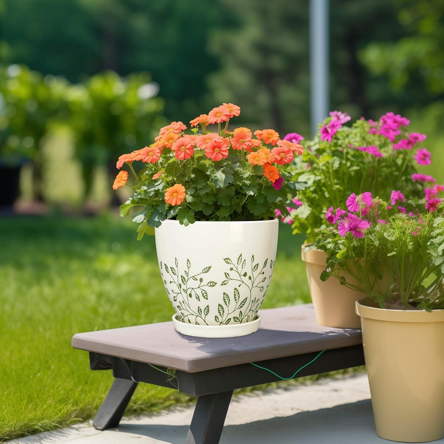 Ceramic Planter for Indoor Plants - 8.2 Inch Plant Pot with Drainage Hole and Saucer, Boho Round Planter for Indoor Outdoor Flowers, Plant Lover Gifts, Home Garden House Decor, White