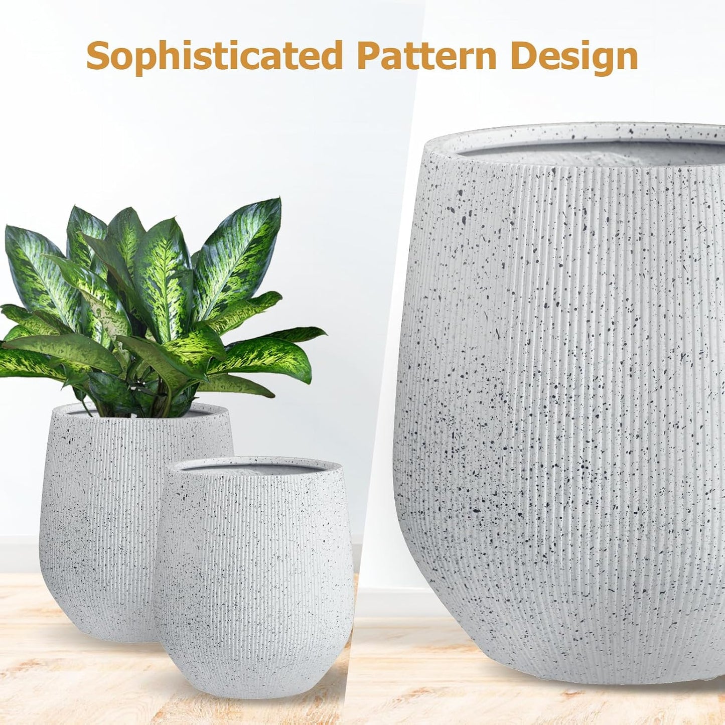 21" H x 19" D Ribbed Corso Fiberstone Round Planter with Drainage Hole, Weather Resistant for Indoor and Outdoor Use, Included 2 Extra Coco Mats (Ribbed Speckled White, 15" Pot Opening)