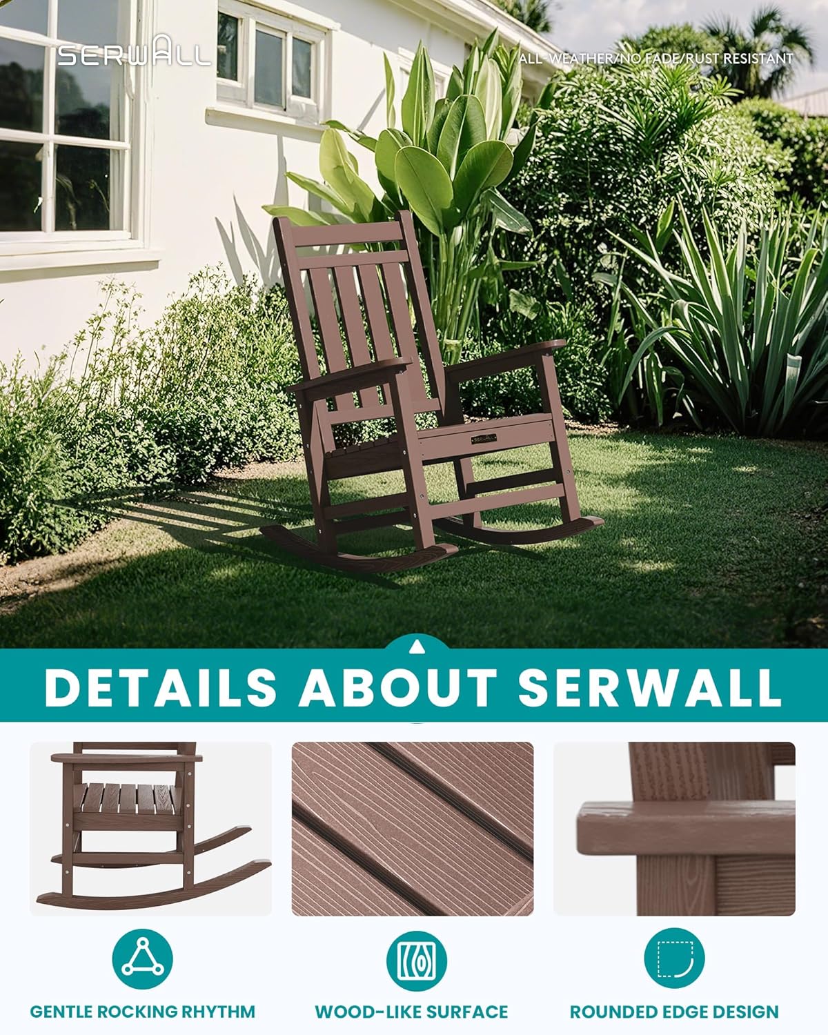 SERWALL Oversized Outdoor Rocking Chair Set of 4, HDPE Rocker for Adults, Patio Rocking Chairs for Porch, Coffee
