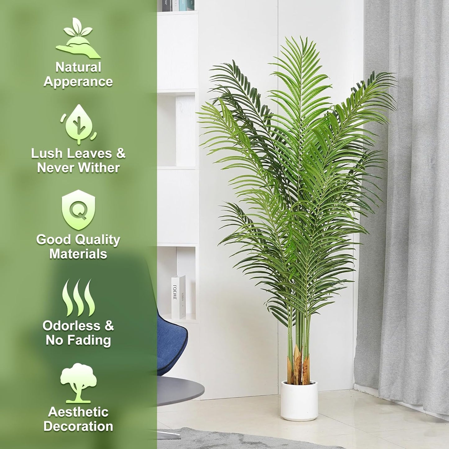 Artificial Palm Tree 6Ft Faux Silk Green Realistic Decorative Tall Fake Potted Plants Artificial for Bedroom Living Room Office Home Decor Indoor Outdoor