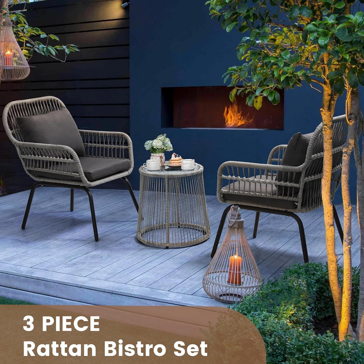 3 Pieces Rattan Wicker Bistro Set, Outdoor Conversation Set, Wicker Rattan Furniture Set with Glass Top Table, Space Saving for Balcony, Backyard, Grey