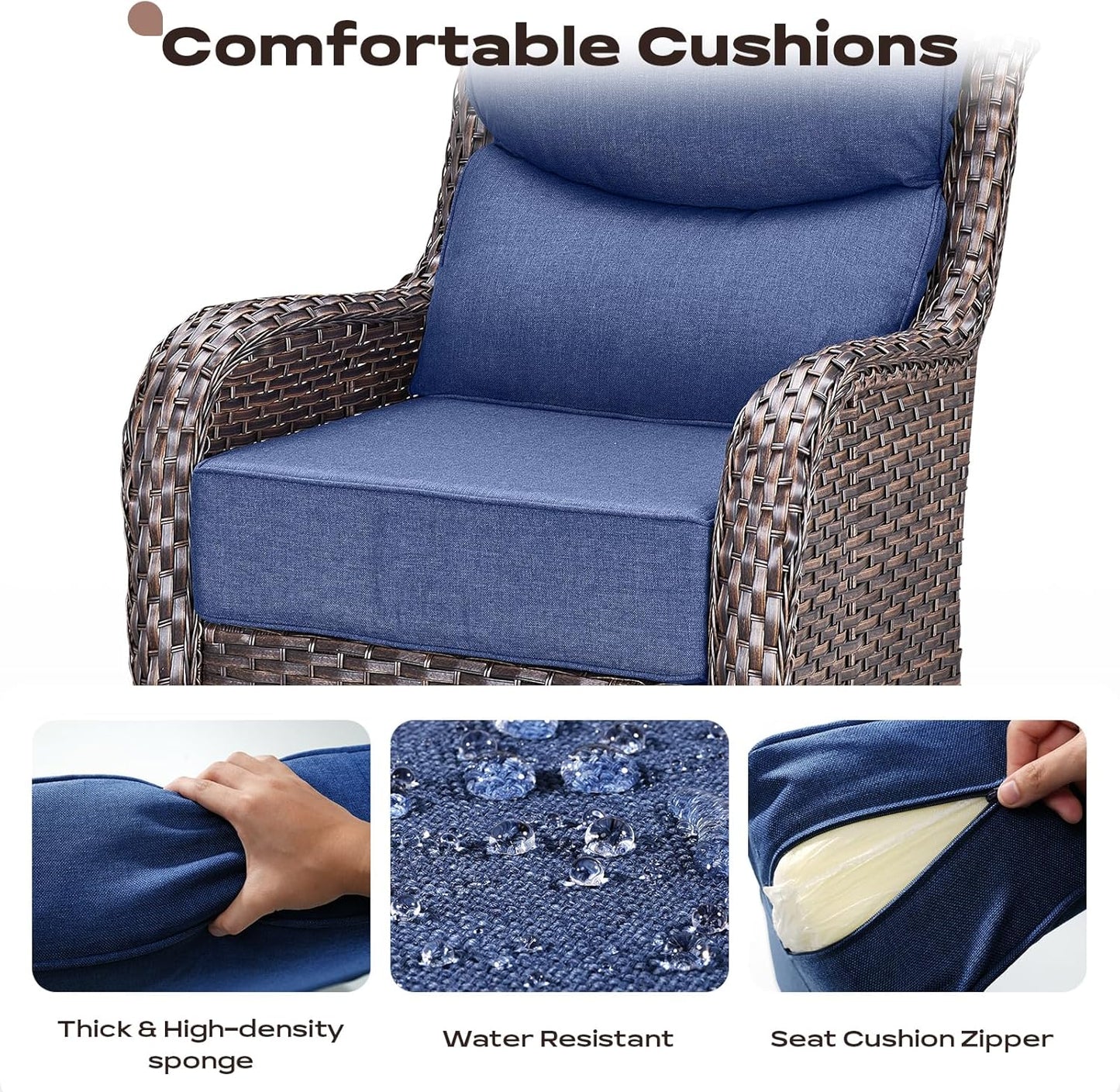 Outdoor Patio Swivel Rocker Chairs Set of 2, Waterproof Wicker, High Back, Deep Seating, Wide Armrest, Upgraded 6 inch Thick Cushions, Side Table, Ideal for Deck Porch Yard, Brown/Blue