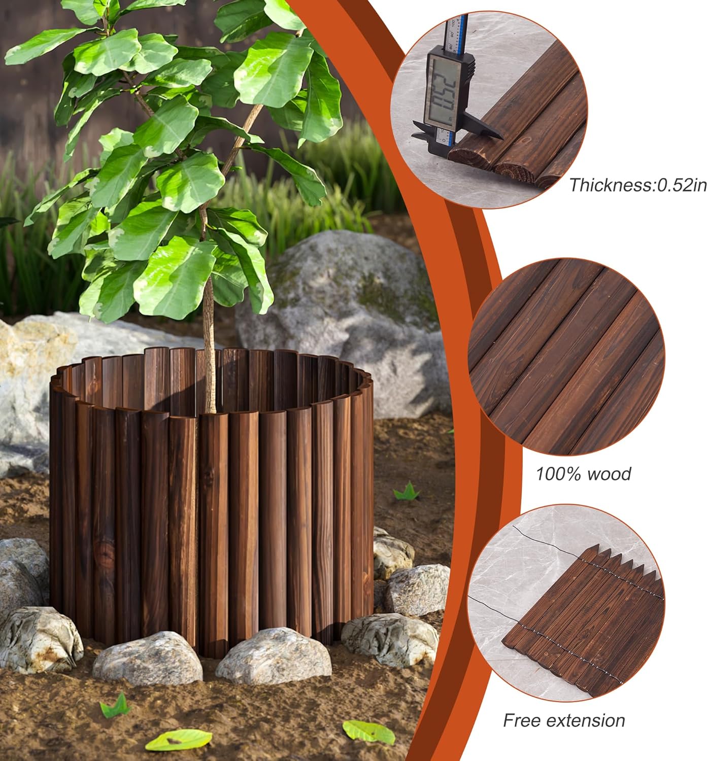 Garden Edging Border Wood Fence for Yard Patio Path Decorative Landscape Edging Flower Bed, 15.7" - 1pcs