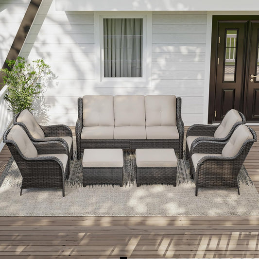 7 Pieces Outdoor Patio Conversation Set, Wicker Furniture Set Includes 3-Seat Sofa, Patio Rattan Dining Chair Set of 4, 2 Ottomans, for Porch, Yard, Mixed Brown Rattan, Beige