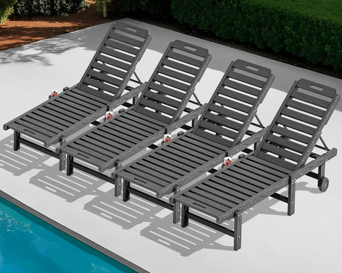 SERWALL Patio Chaise Lounge Set of 4, 78" Length Outdoor Lounge Chair with 5 Positions Adjustable Backrest, HDPE Lounge Chair with Rolling Wheels & Cup Holder for Poolside, Beach, Garden, Grey