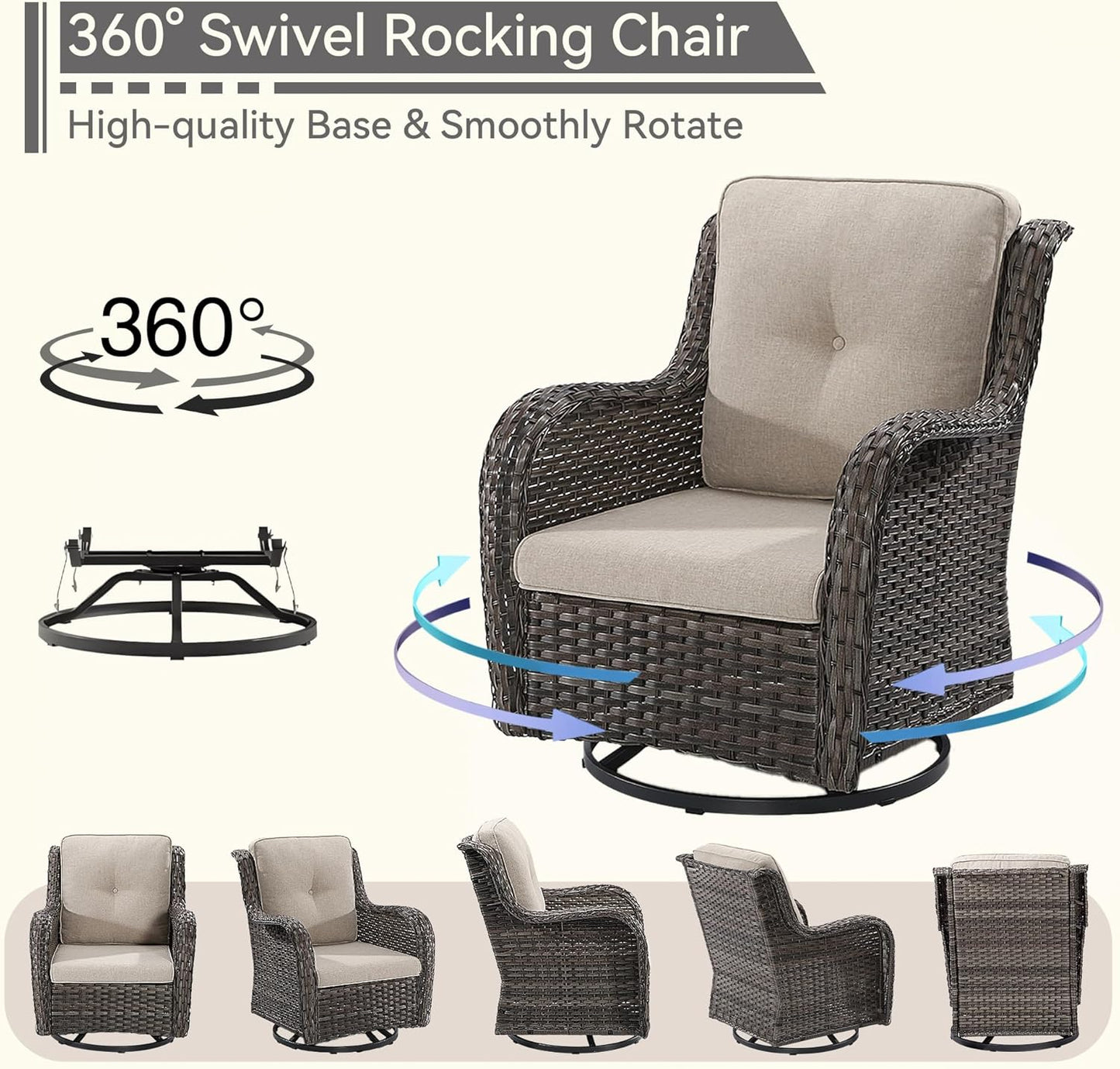 Outdoor Swivel Rocker Patio Chair - Outdoor Wicker Patio Glider Chair with Olefin Fabric Cushions Suitable for Backyard Deck and Porch, Beige