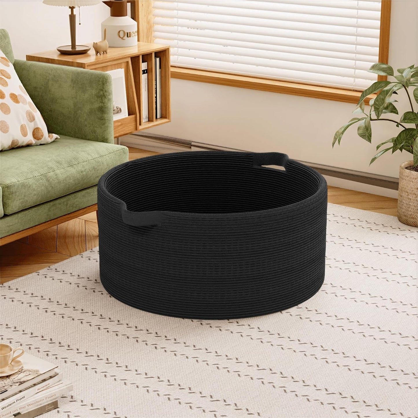 125L Extra Large Blanket Basket, 25" x 16", Jumbo Laundry Woven Baskets Decorative Home, Cotton Rope Basket with Handles, Baby Toy Baskets for Storage, Black