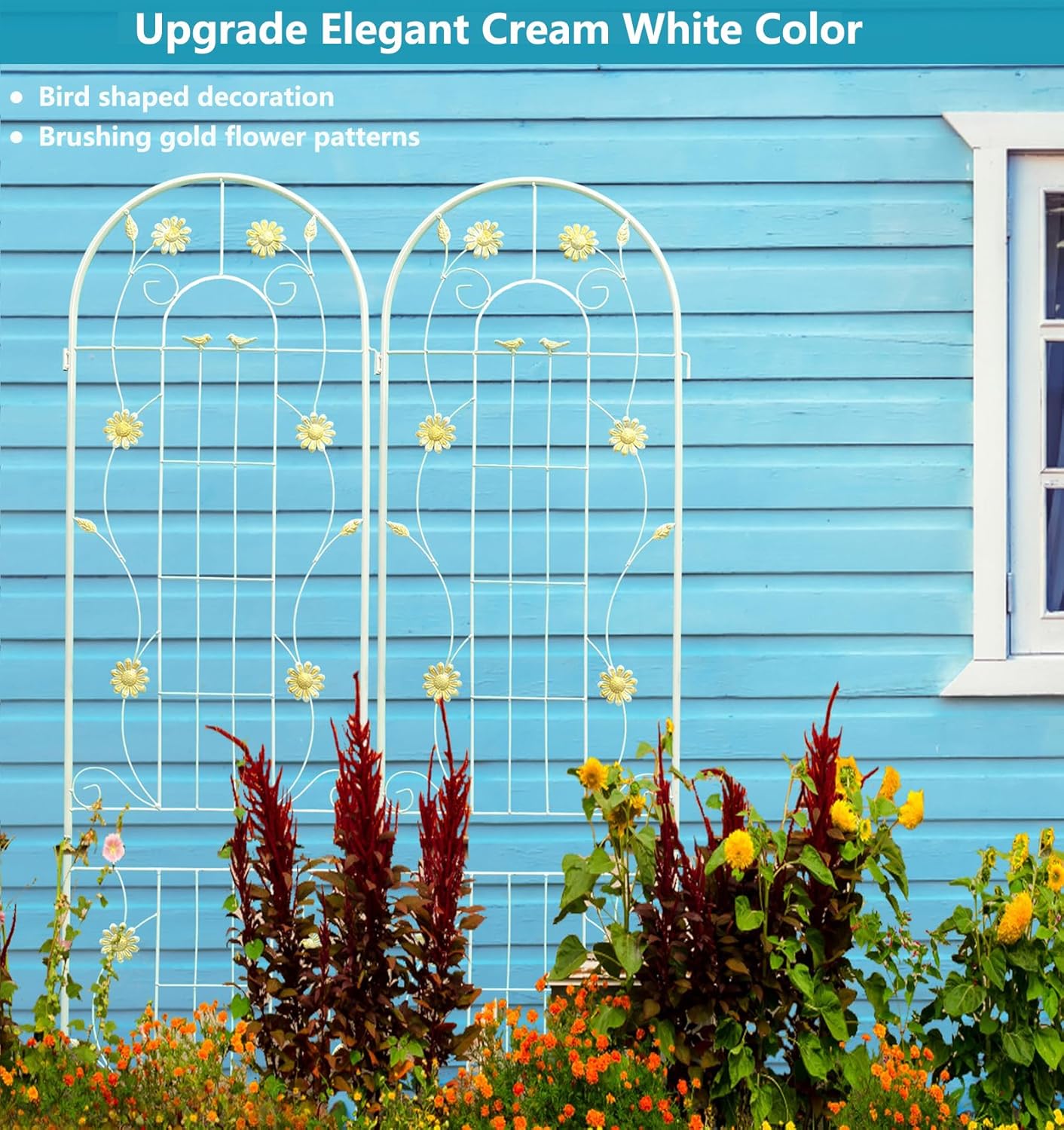 2 Pack Metal Garden Trellis 86.7" H Garden Fence Rustproof Trellis Cream White for Climbing Plants Support Roses Flower Cucumber Outdoor Lawn, Cream White