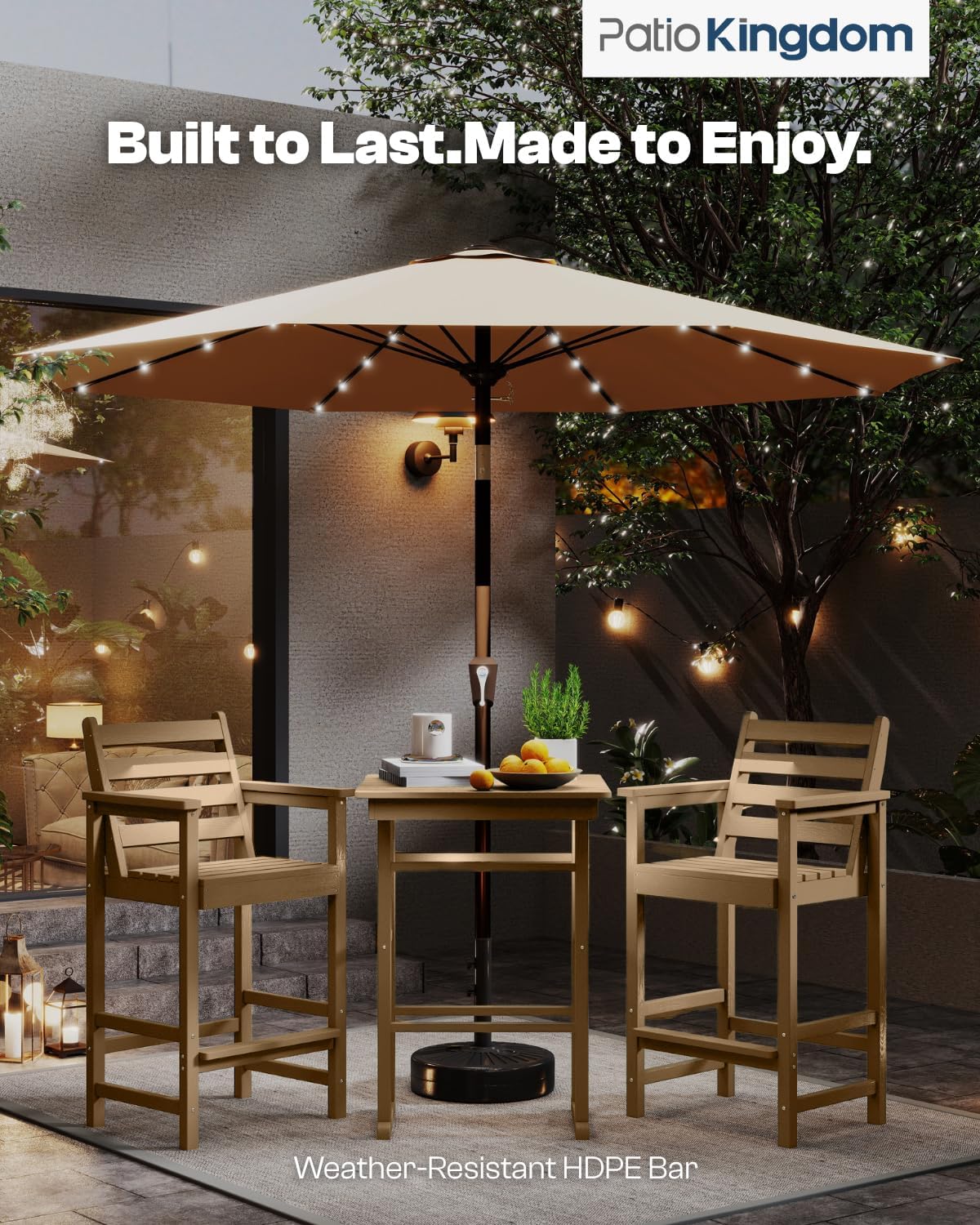 3-Piece Outdoor Bar Set with Beige 9FT Cantilever Umbrella, HDPE Tall Balcony Adirondack Chairs and Table, All-Weather Outdoor Bar Stools for Patio (Brown)