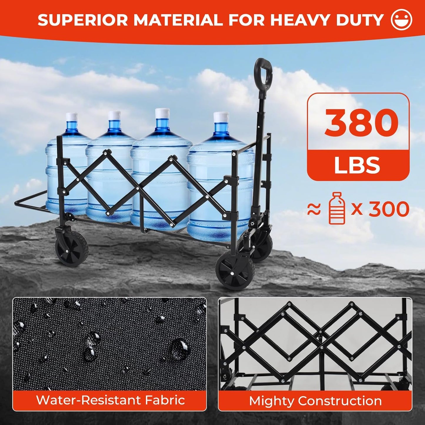 Collapsible Extended Tailgate Wagon with Wheels, 380LBS Capacity Folding Utility Cart for Garden，Outdoor, Grocery, Beach, Camping Portable Heavy Duty Garden Cart