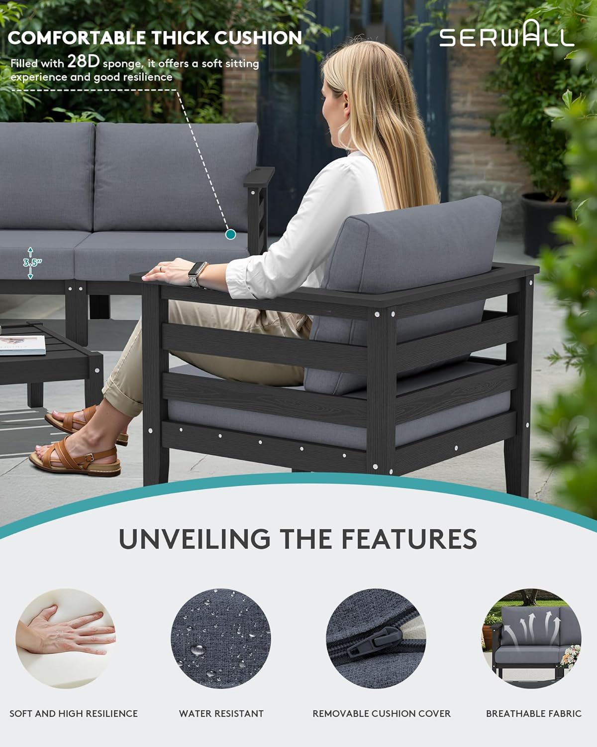 SERWALL HDPE Patio Furniture Set, 10 Pieces Outdoor Sectional Sofa Set, All-Weather Wood-Like Outdoor Sofa Couch with Coffee Table for Deck, Lawn, Black Frame with Grey Cushion