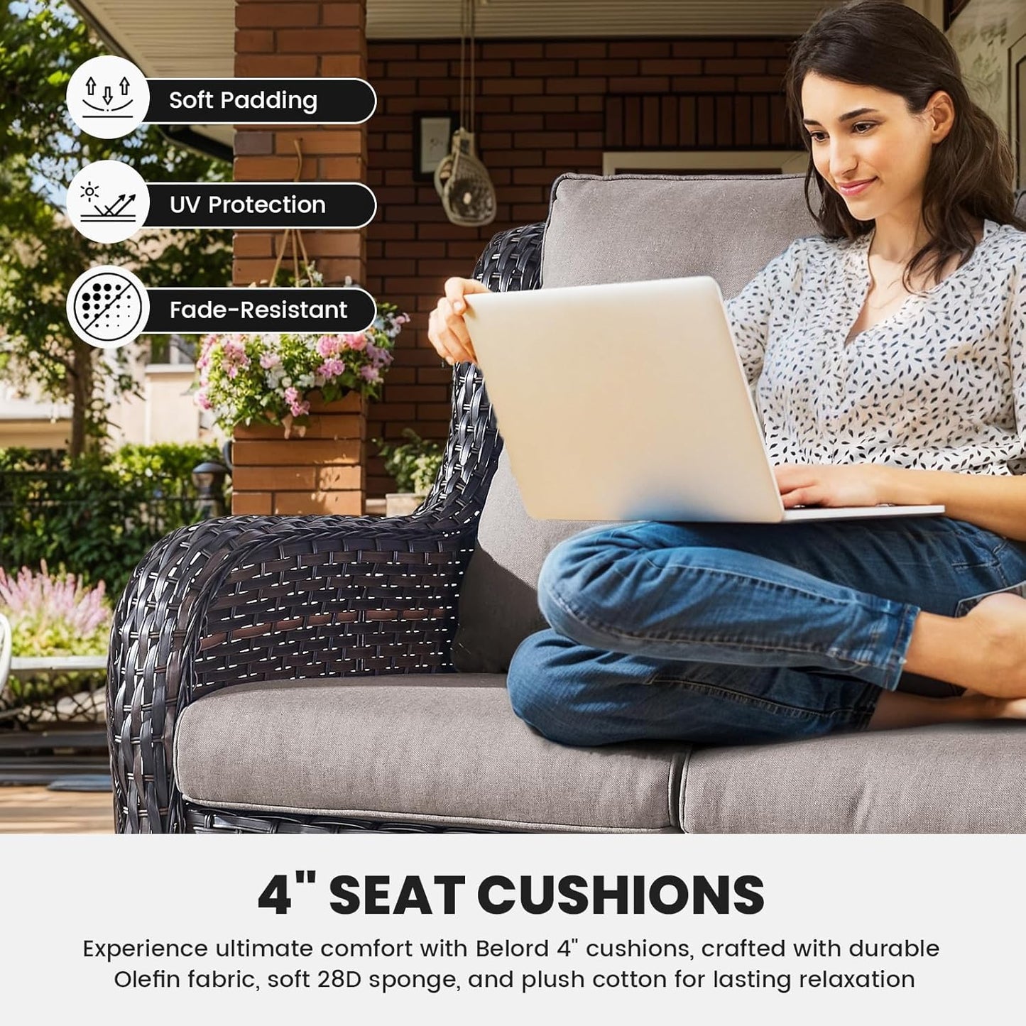 Outdoor Furniture 3-Seater Rattan Sofa Patio Wicker Sofa Couch Furniture Set with Washable 4” Grey Cushions