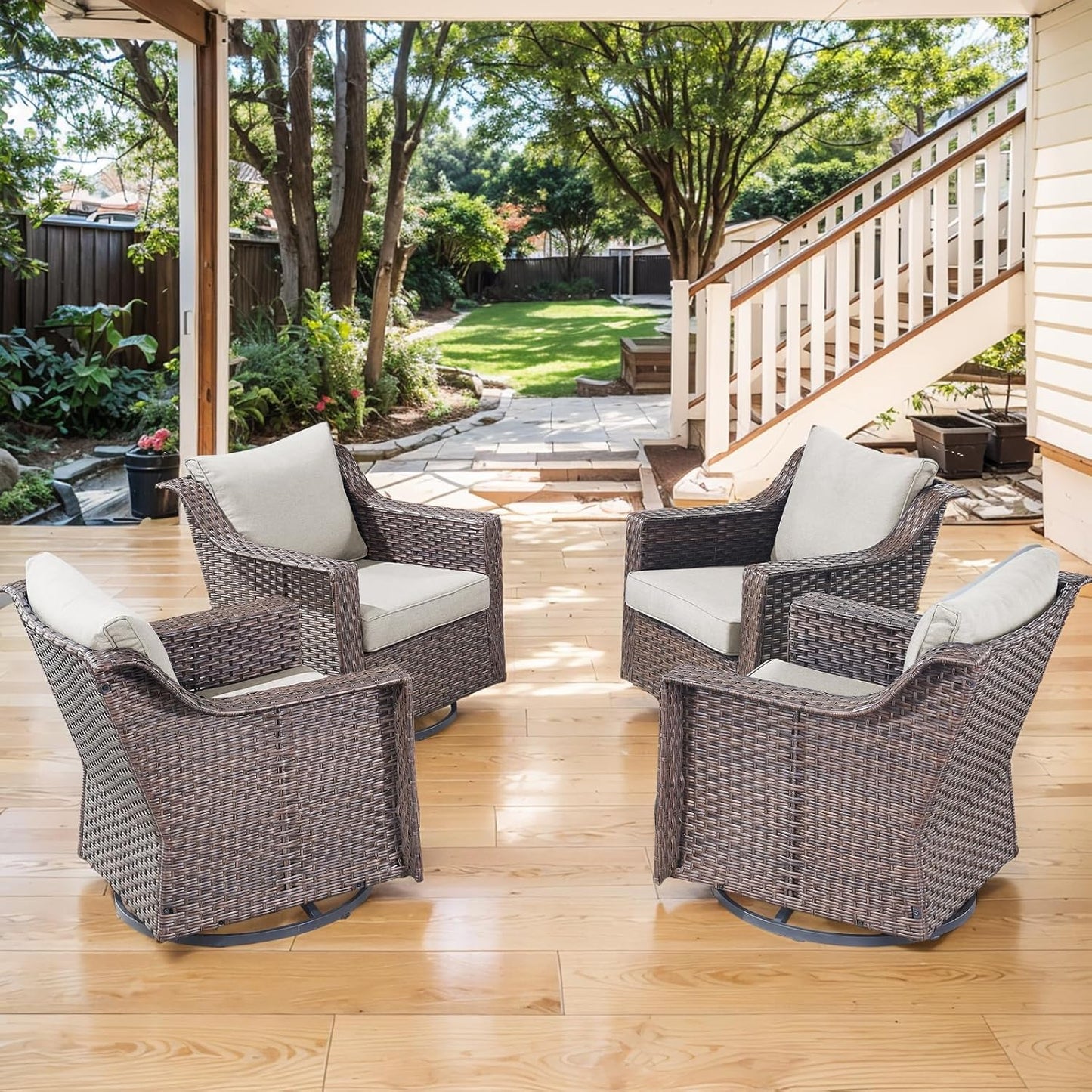 Outdoor Patio Wicker Swivel Chairs - Set of 4 Outside Rattan Rocker Glider Chair Rocking Armchairs for Front Porch Balcony Backyard Yard Deck Poolside Apartment – Brown/Beige
