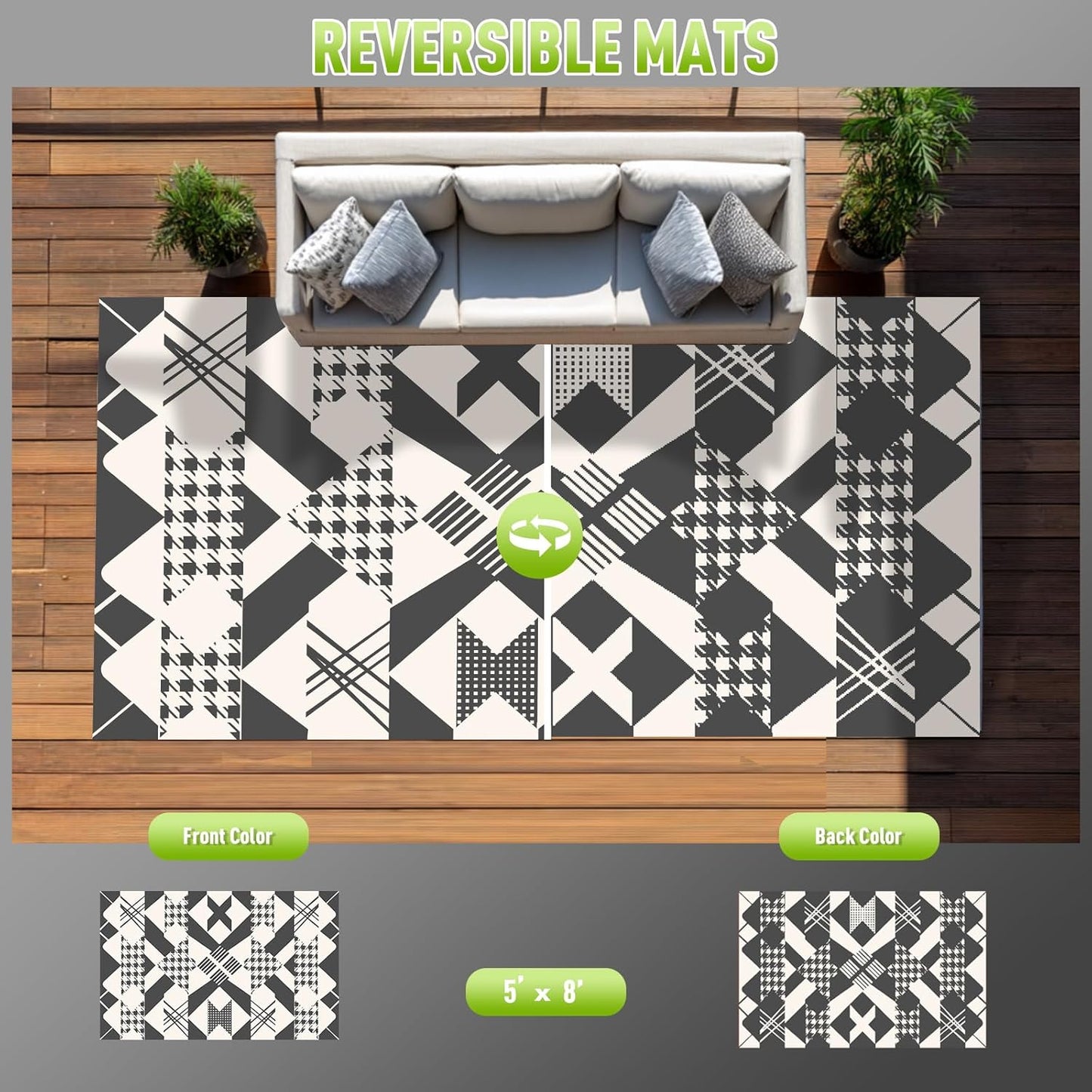 WILDROOTS 5x8 Feet Houndstooth Plastic Outdoor Rug, Stain Resistant Waterproof Reversible Outdoor Patio Rug, Fade Resistant Camping Rug