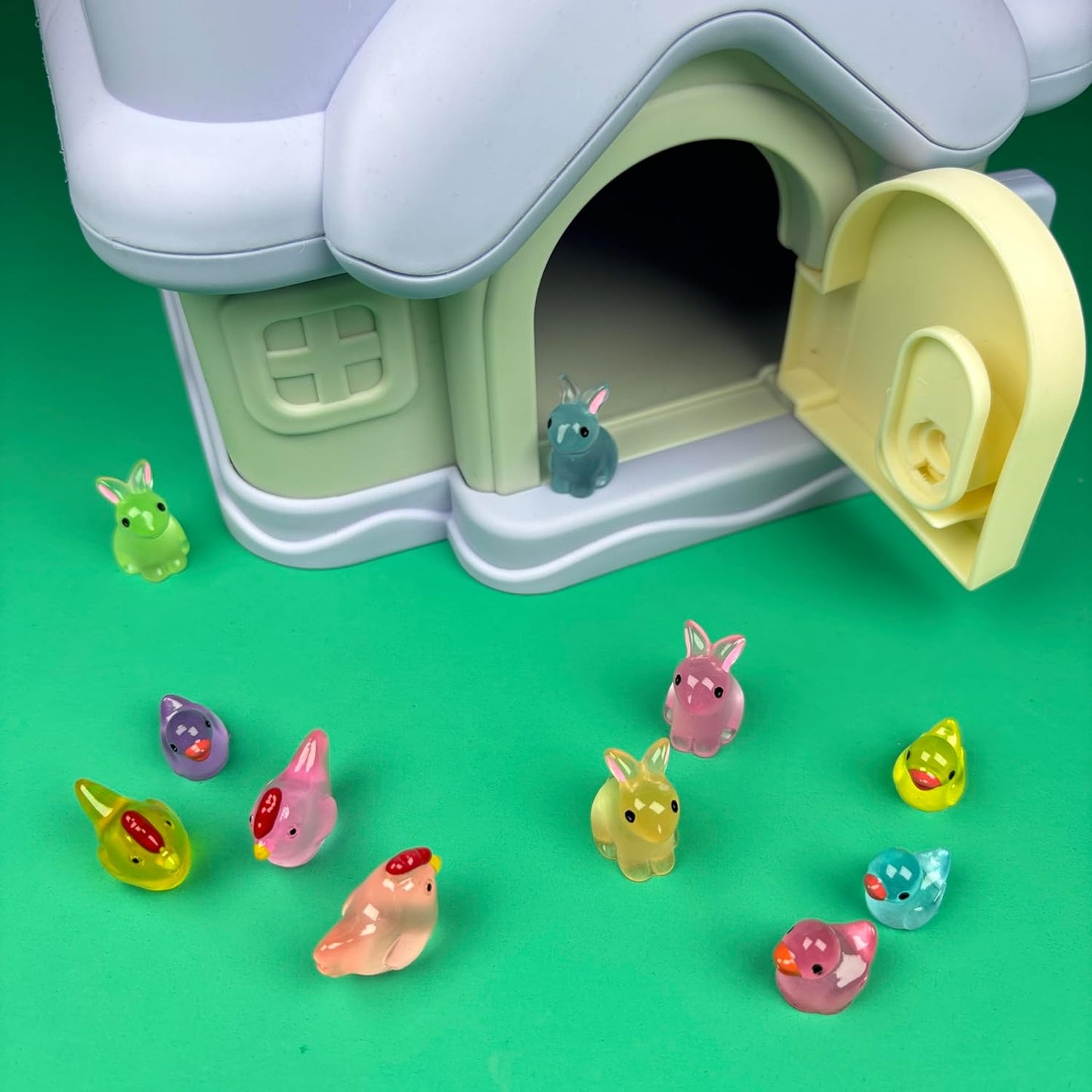 Mini Resin Animals Figures to Hide 72 PCS Luminous Tiny Miniature Figurines Bulk Glow in The Dark Include Baby Ducks Small Chicken Rabbits Frogs for Garden Micro Landscape Aquarium Potted Dollhouse