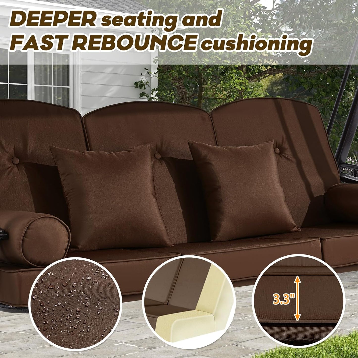 3 in 1 Outdoor Porch Swing with Canopy, 3 Seat Outdoor Swing for Adults, Patio Swing Chair with Thickened Cushions,Pillows & Cup Holders for Backyard, Porch, Garden (Brown)