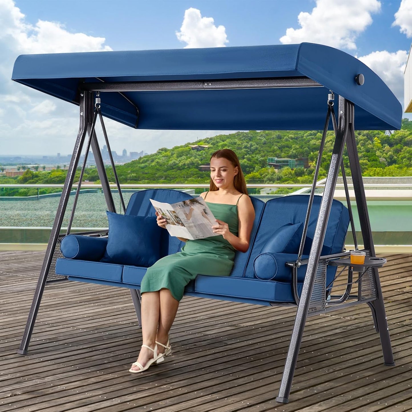 3 in 1 Outdoor Porch Swing with Adjustable Canopy, 3 Seat Outdoor Swing for Adults, Patio Swing Chair with Thickened Cushions,Pillows & Cup Holders for Backyard, Porch, Garden (Blue)