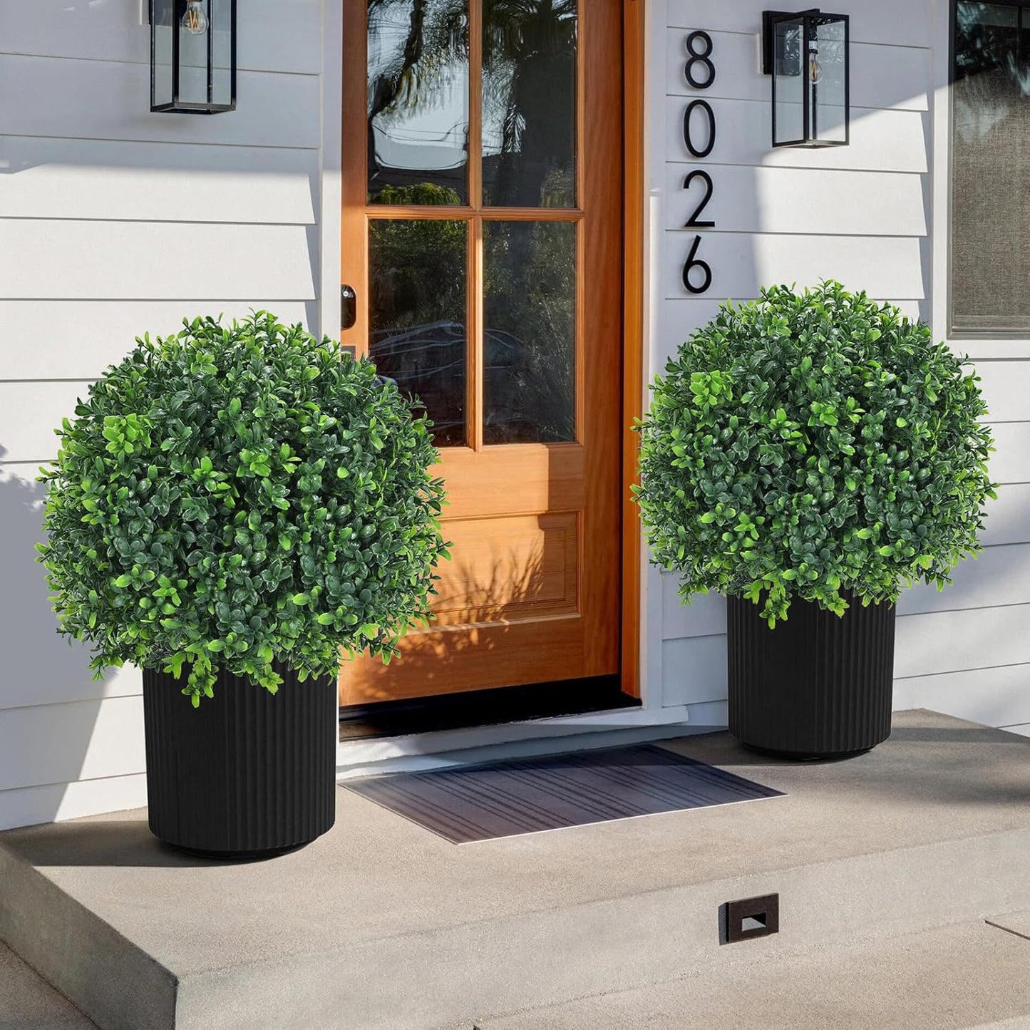 Artificial Boxwood Topiary Ball Tree 24" with Ground Spike, Set of 2 Artificial Boxwood Bushes for Faux Shrubs, Fake Evergreen Faux Plant for Indoor Outdoor Porch Garden- UV Resistant – Fade-Proof