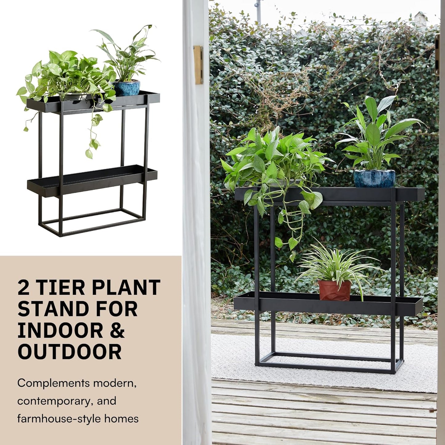 2 Tier Plant Stand Indoor Outdoor - 29 x 9 x 28 Inches Plant Shelf for Home and Office Decor - Narrow Plant Stand for Lawn, Patio, Balcony and Living Room - Heavy Duty Iron - Black