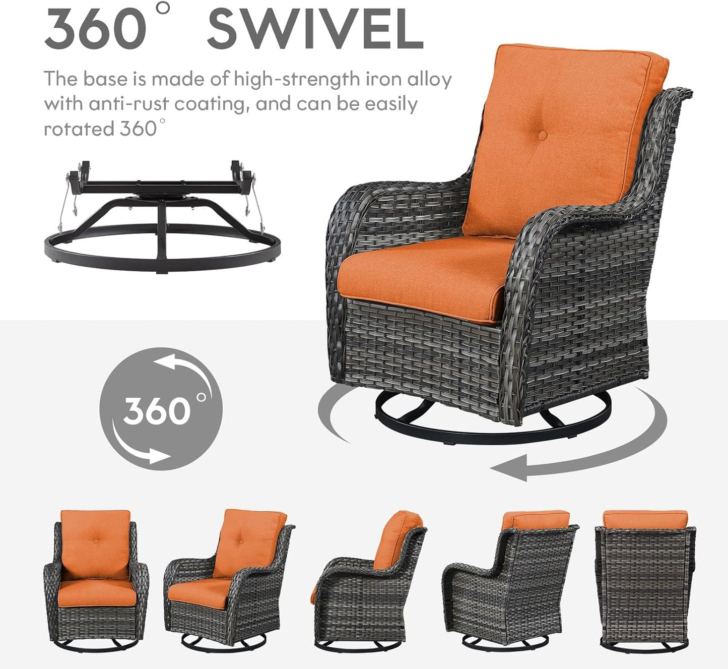 Outdoor Swivel Rocker Wicker Chairs Set of 3, High Back Swivel Patio Chairs Wicker Furniture Set, 2 PCS Rattan Swivel Rocking Chair with Side Table, Orange Cushion