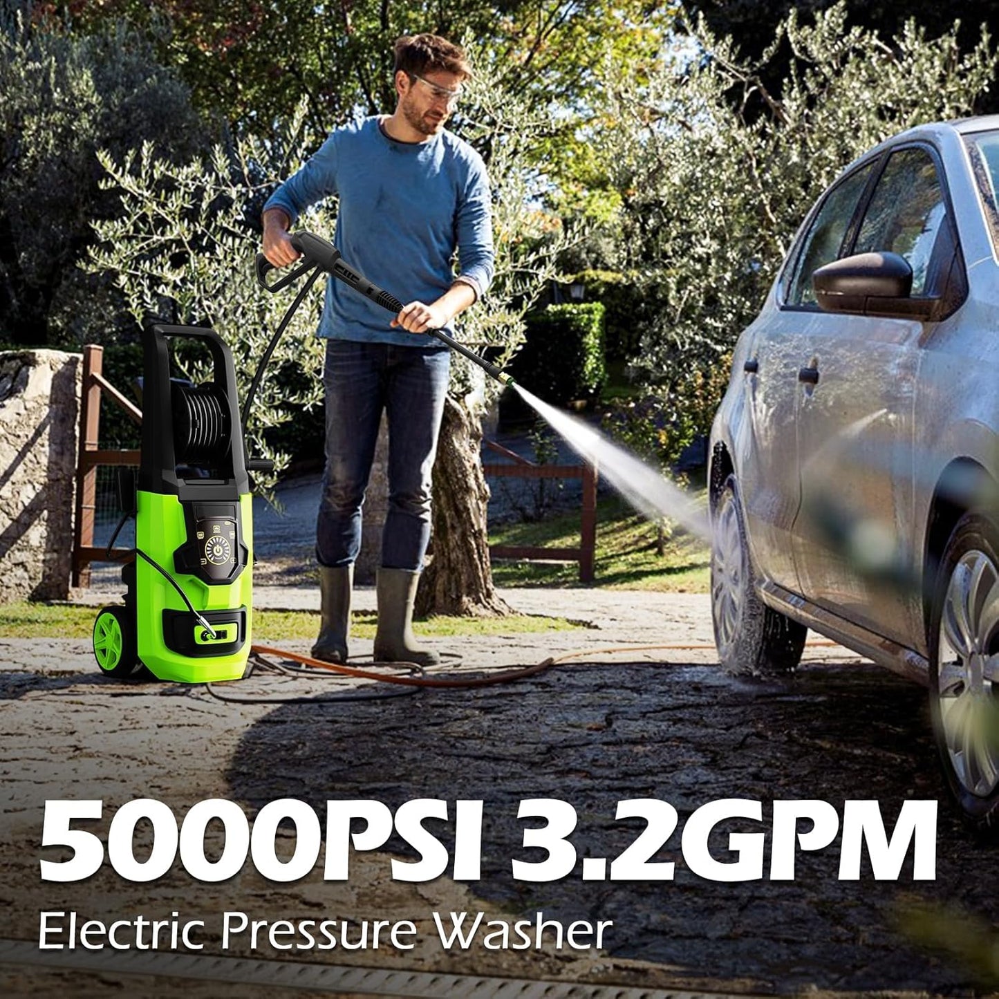Pressure Washer, 5000PSI 3.2GPM Adjustable Touch Screen with 55FT Total Length 4 Nozzles for Driveways Cars