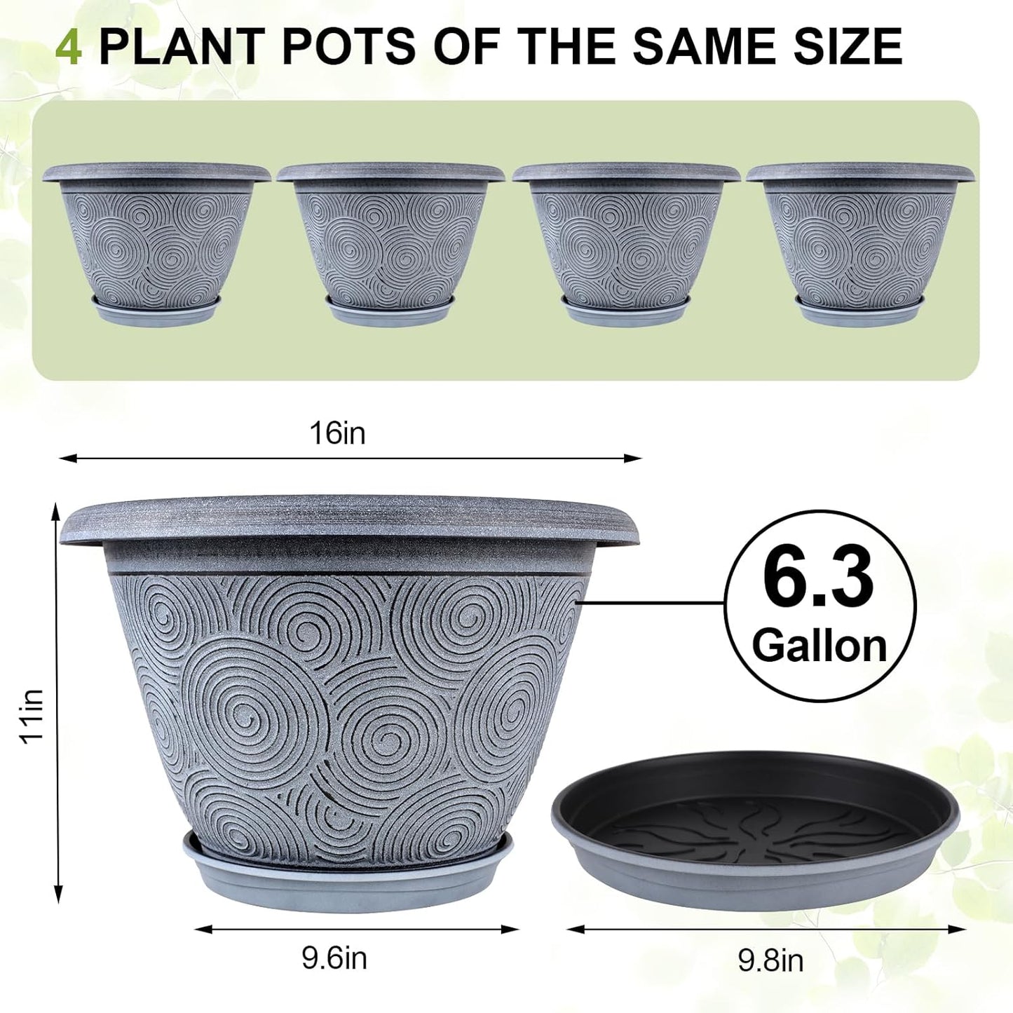 16 Inch Large Planter Pot for Plants Indoor Outdoor, 4 Pack Plastic Flower Pots with Drainage Hole & Tray, Modern Decorative Garden Pot with Saucer, Plant Container for House
