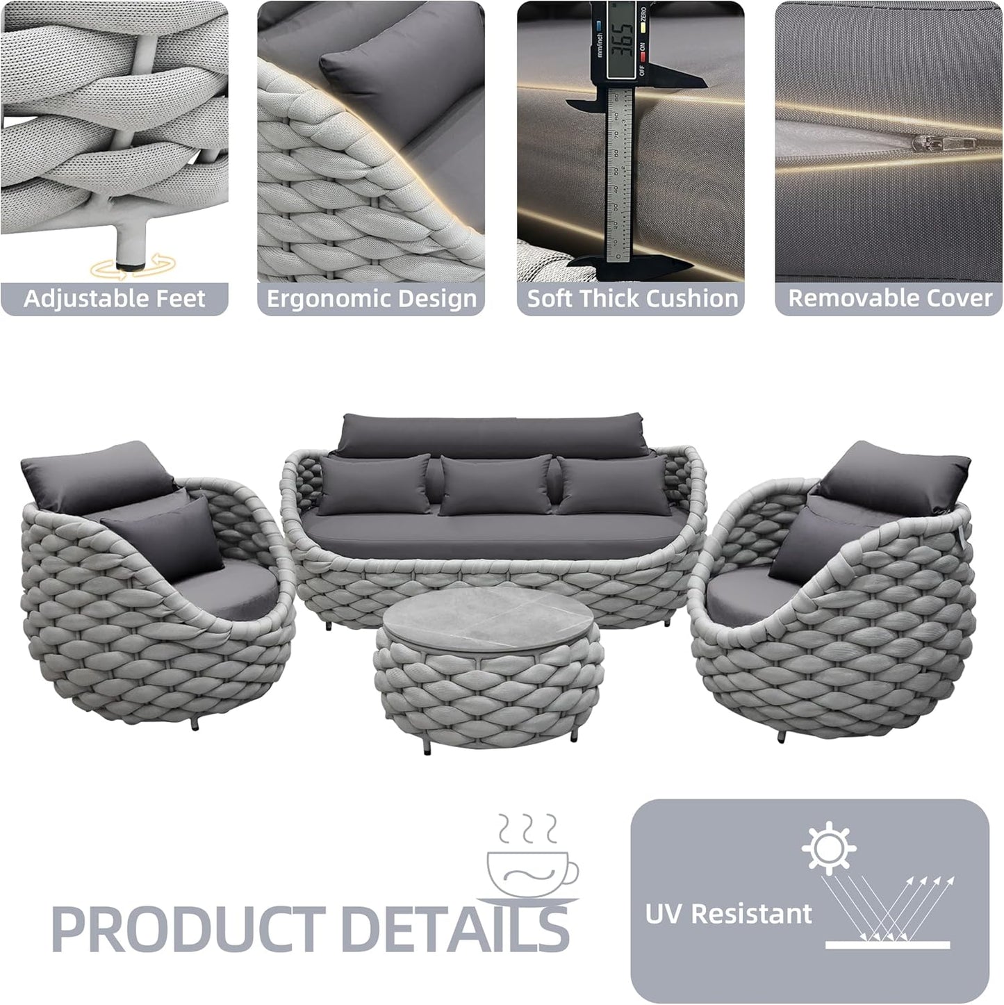 TWT Outdoor Patio Furniture Set, 5 Pieces Aluminum Sectional Sofa, Metal Patio Conversation Set with Threeseat & Armchair, Cushion and Coffee Table, Dark Grey