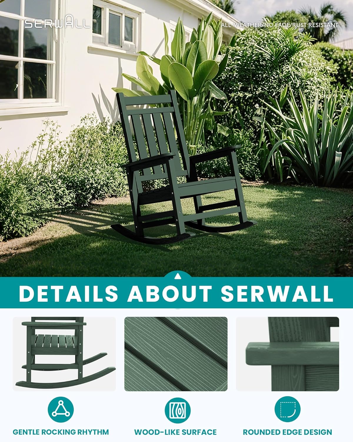 SEWALL HDPE Rocking Chair, Oversized Outdoor Rocking Chair for Adults, Patio Rocker for Porch, Green