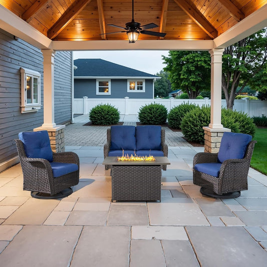 4 Piece Patio Furniture Set with Fire Pit Table - 41inch 50000 BTU Propane Fire Pit Table with High Back Loveseat Glider Chair and 2 Swivel Rocker Chair for Casual Gathering