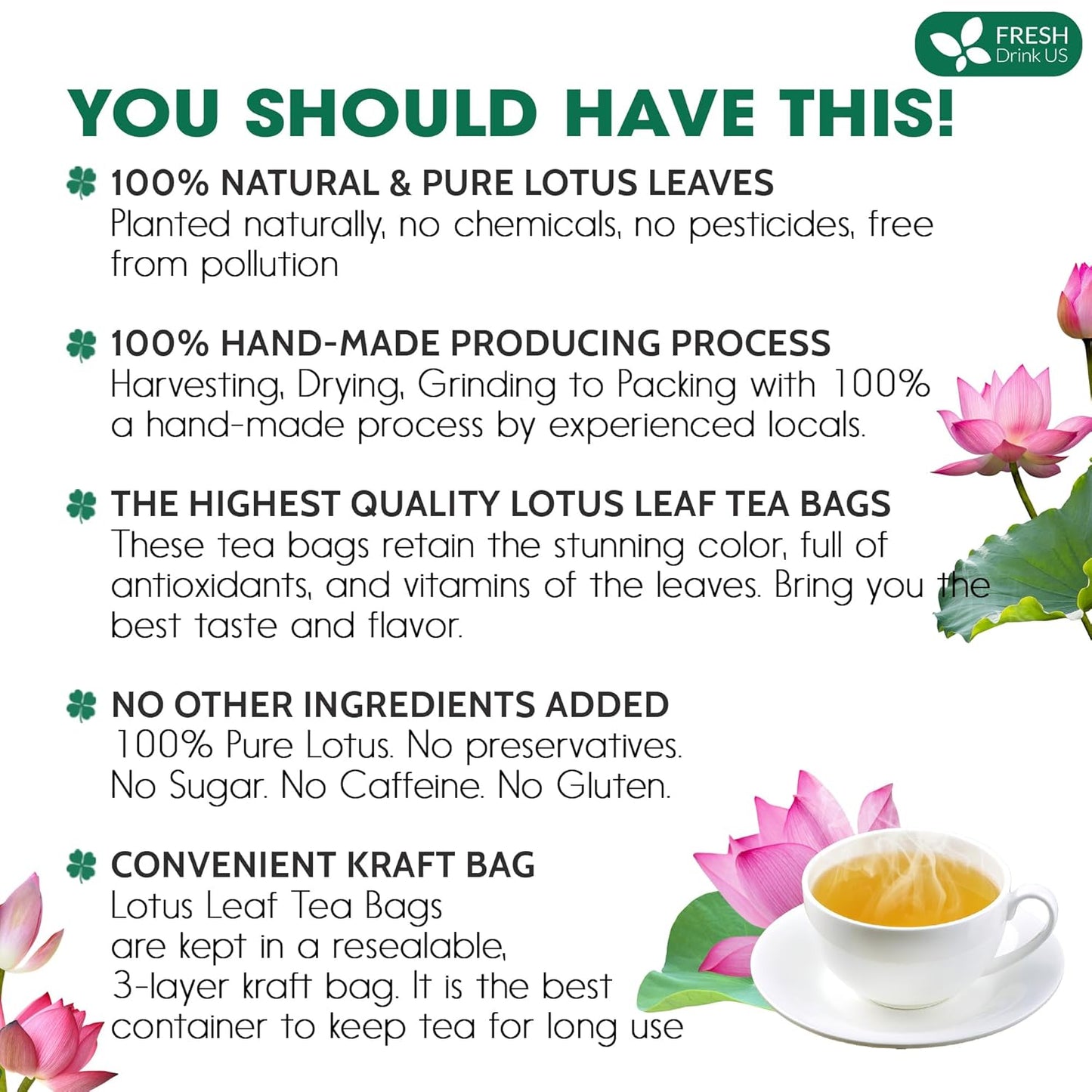 FreshDrinkUS, Premium 30 Lotus Leaf Tea Bags, 100% Natural & Pure from Lotus Leaves. Loose Leaf Lotus Herbal Tea. Made with Eco-Conscious Tea Bags. No Sugar, No Caffeine, No Gluten, Vegan.