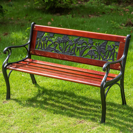 PHI VILLA Outdoor Garden Bench for Children, 33”L Small Metal Bench with Wood Clearance Seating & Floral Pattern Back for Patio, Lawn, Balcony, Backyard, Porch and Indoor - Black