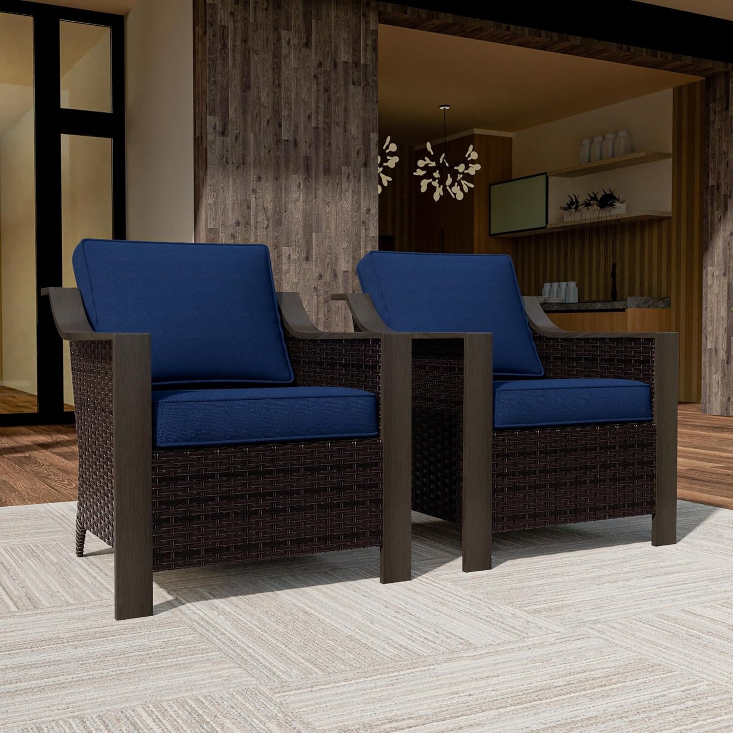 Outdoor Wicker Chair Set of 2, All-Weather Use Patio Rattan Chair with Removable Water-Resistant Cushion, Ideal for Porch, Backyard, Balcony, Poolside, Blue