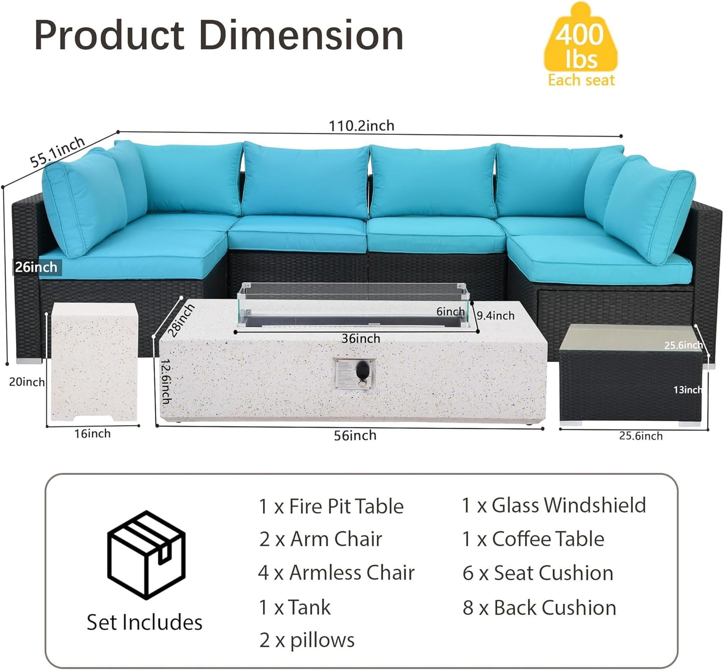 8 Piece Patio Furniture Set - Outdoor Conversation Sets with 56" Fire Table and Coffee Table, Rattan Modular Sofa Set for Garden/Poolside, Blue/Black