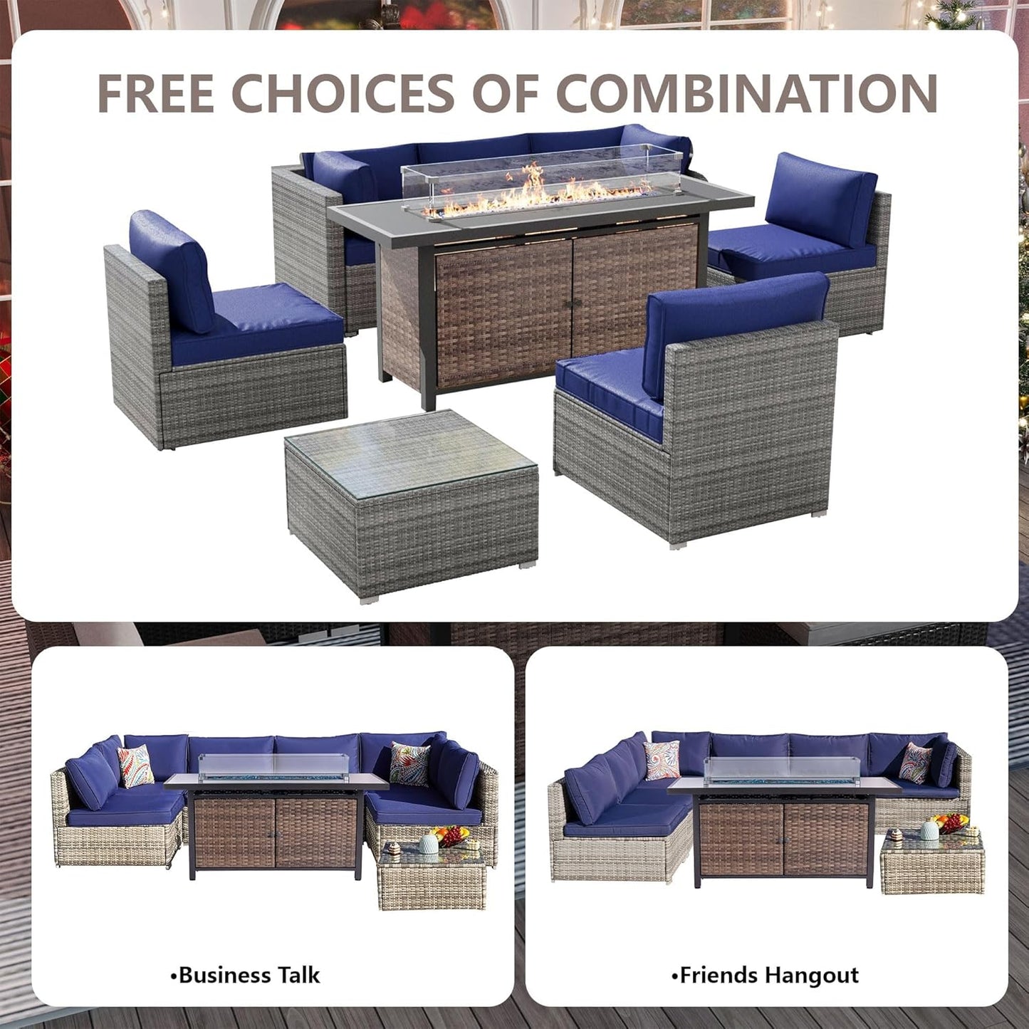 25-Pc Patio Furniture Set - 7 Piece Outdoor Rattan Sofa Set with 57" Fire Table and 17 Accessories, Modular Sofa Set for Garden/Poolside, Navy Blue/Grey