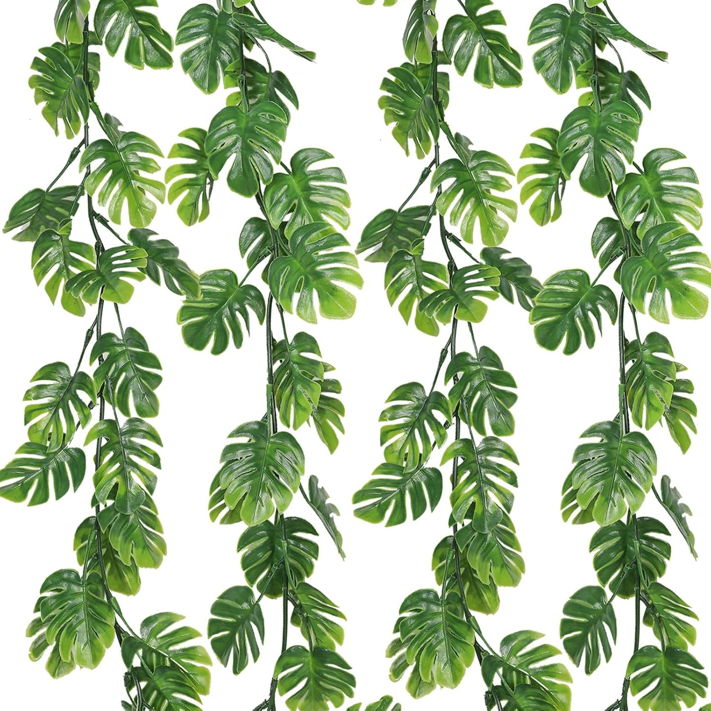 RECUTMS 4Pcs Artificial Monstera Leaves Vines, 5.9FT Fake Hanging Plant Ivy Faux Tropical Palm Leaf Greenery Garland for Garden Porch Patio Jungle Luau Beach Birthday Party Indoor Outdoor Spring Décor