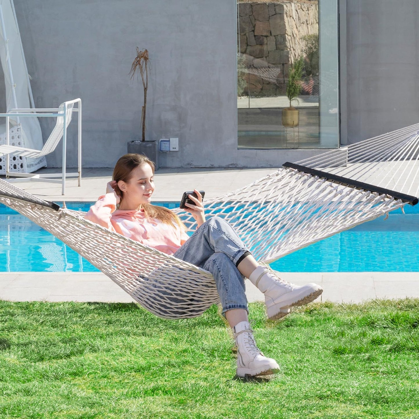 PNAEUT Double Hammocks for Outside, 13ft Traditional Rope Hammock for 2 Person with Hardwood Spreader Bar and Carrying Bag, 475 lbs Capacity (Beige)