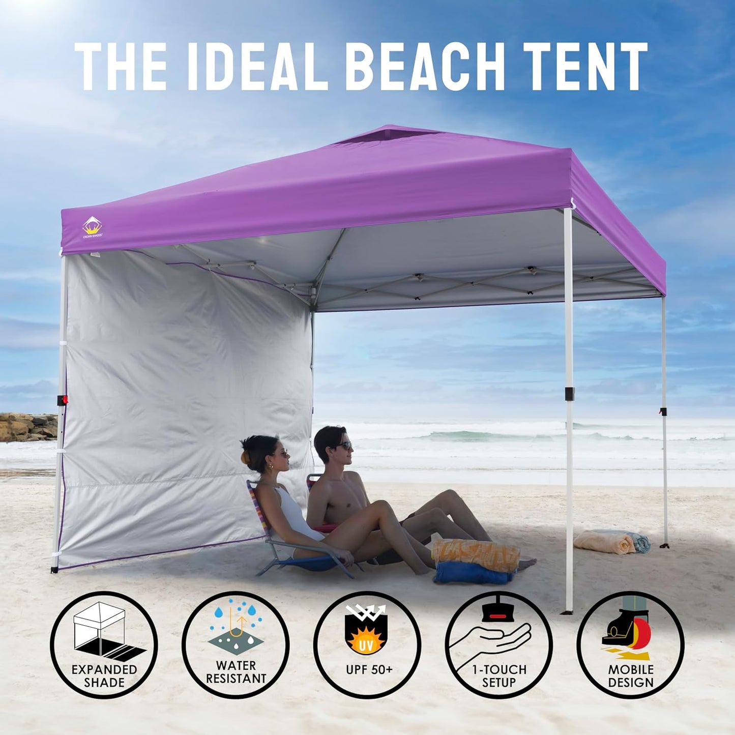 CROWN SHADES 10x10 Pop Up Canopy with 1 Side Wall - Beach Tent with One Push Setup - Outdoor Sun Shade for Events, Parties, Camping - Gazebo with STO-N-Go Cover Bag (Purple)