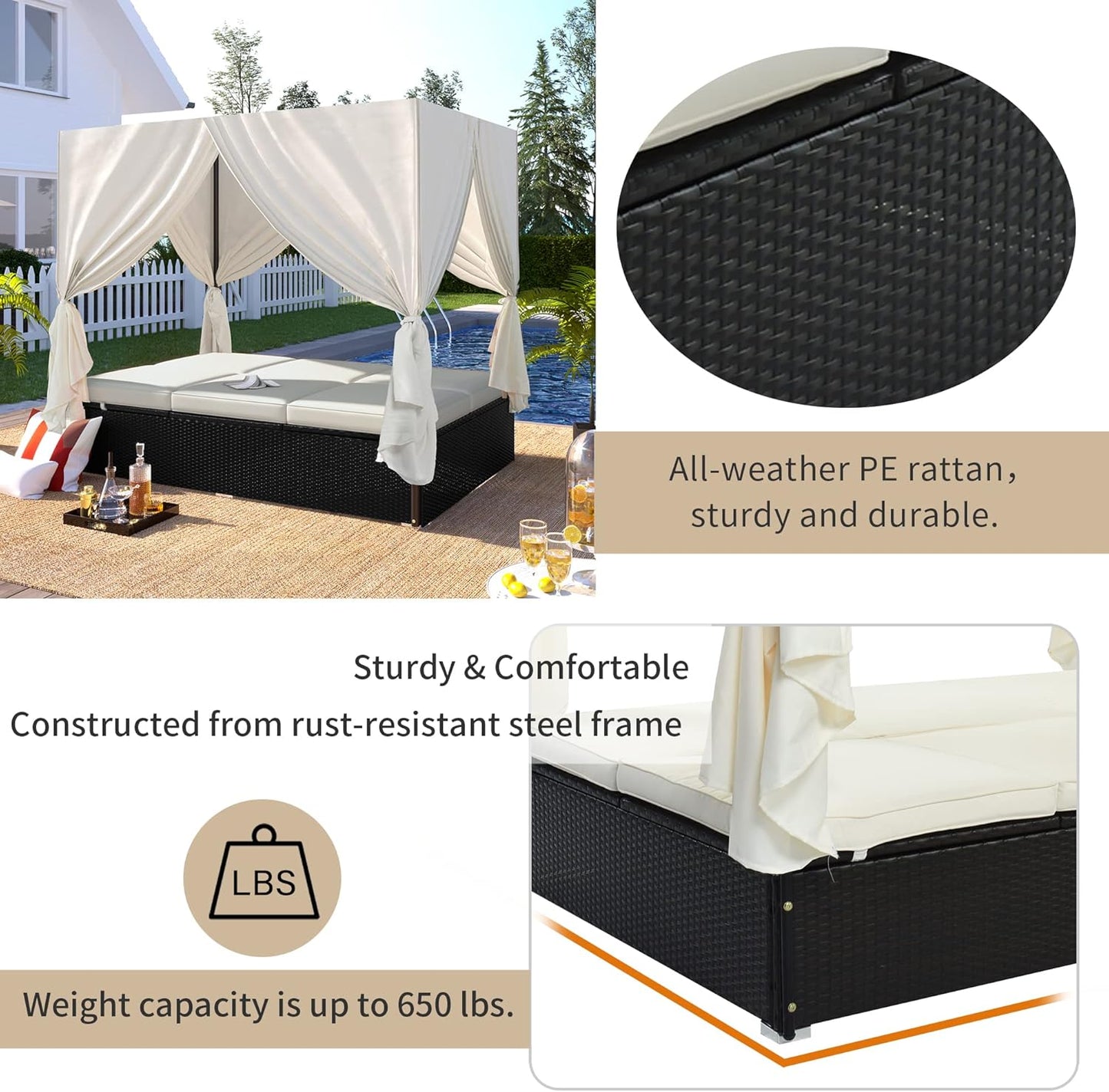 Patio Chaise Lounge, PE Rattan Outdoor Patio Wicker Sunbed Daybed with Adjustable Seats, Four-Sided Canopy, Overhead Curtain and Beige Cushions for Backyard, Garden, Poolside (for 2-6 People)