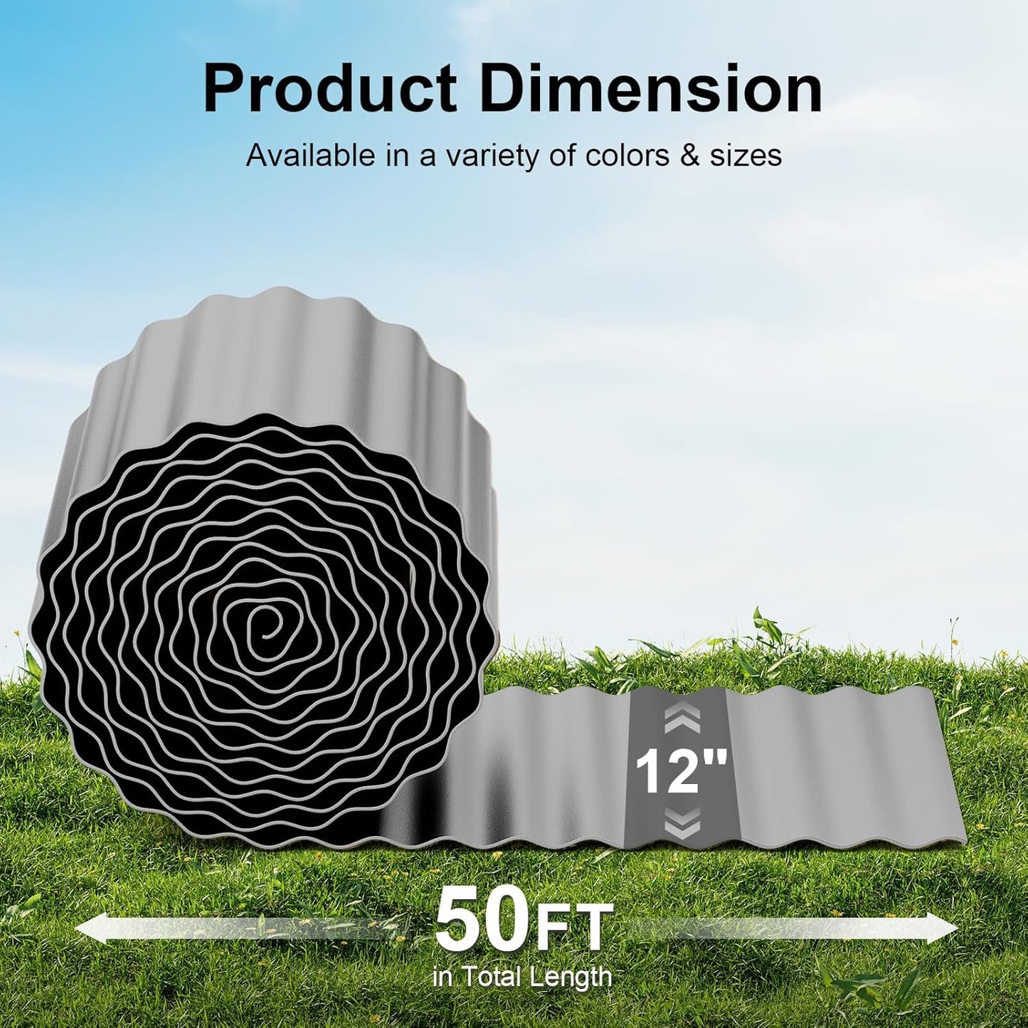 Land Guard Corrugated Garden Edging Border,12" x 50' Landscape Paver Edging, Tall Landscape Edging, Fence for Garden, Flower Bed, Lawn and Landscape Edging (Grey)