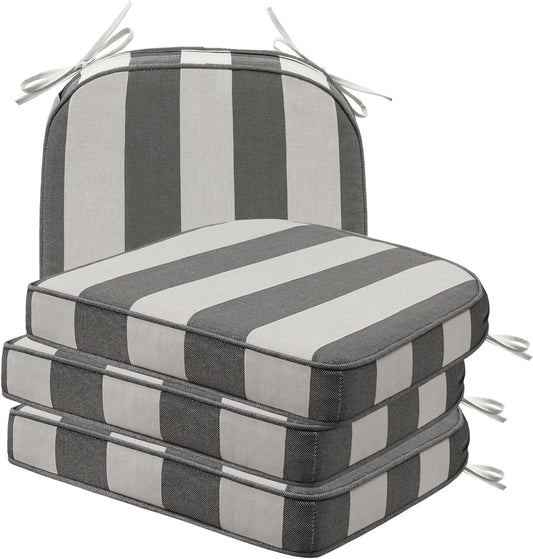 Round Corner Seat Cushions, 17" x 16" x 2", Set of 4, Indoor Outdoor Water Repellent Universal Chair Pads with Ties for Patio Furniture, Garden Deck Dining Chairs, Gray Stripe