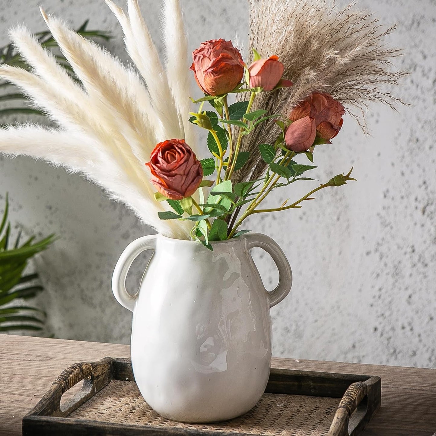 Kimdio White Ceramic Vase with 2 Handles, Modern Farmhouse Vases for Home Decor, Rustic Pottery Vase, Decorative Terracotta Flower Vase, Clay Small Vase, Centerpieces for Dining Table