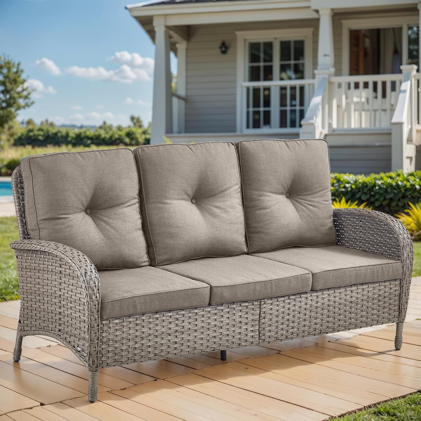 HUMMUH Outdoor Patio Couch-Outdoor Rattan Couch with Thick Cushions Outdoor Sofa for Deck Lawn Porch Balcony Poolside-Grey/Grey