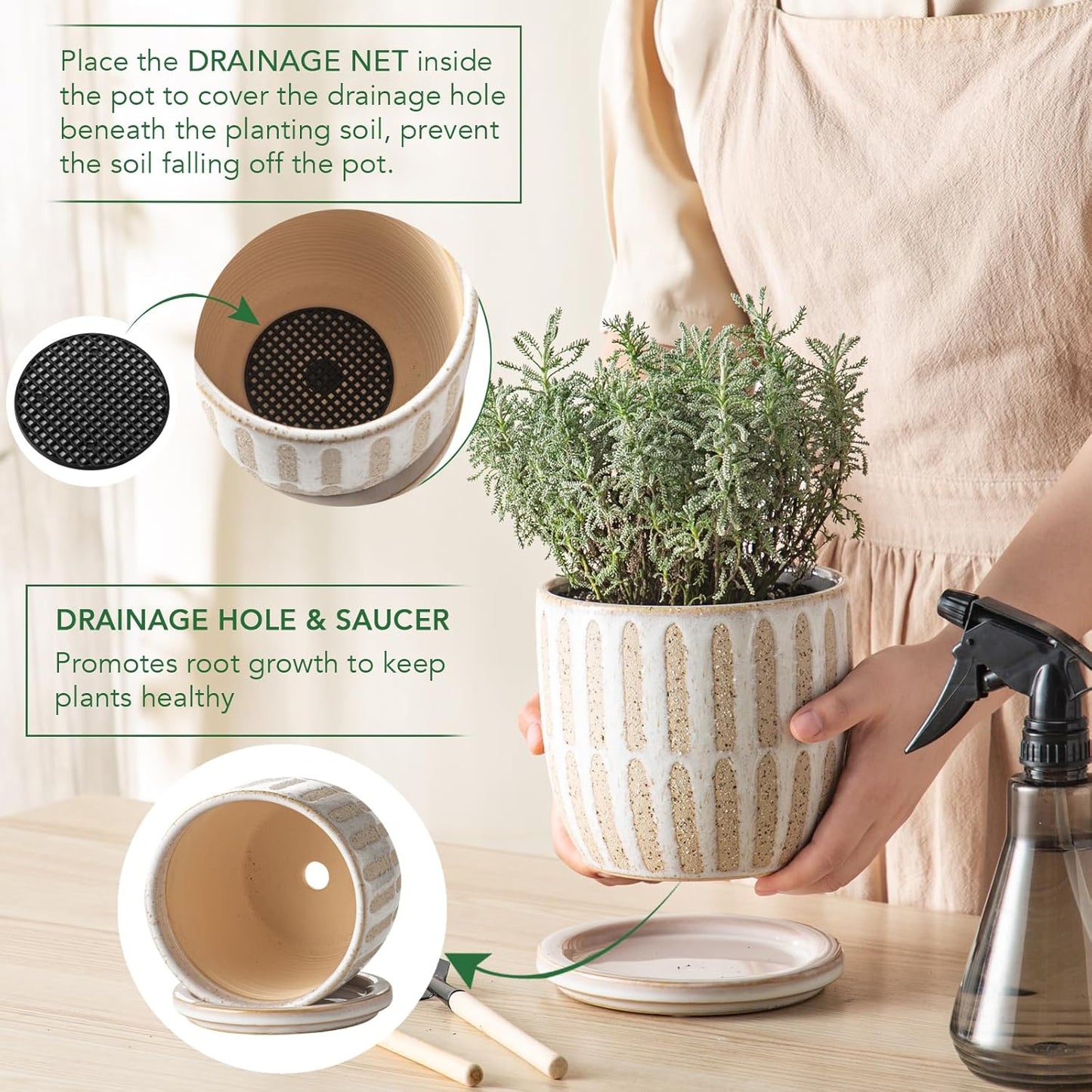 Ceramic Flower Pots Indoor-Outdoor: 5.75 Inch Planters with Drainage Holes & Saucer - Modern Decorative Plant Pots Ceramic for Home Gardeners (Striped)